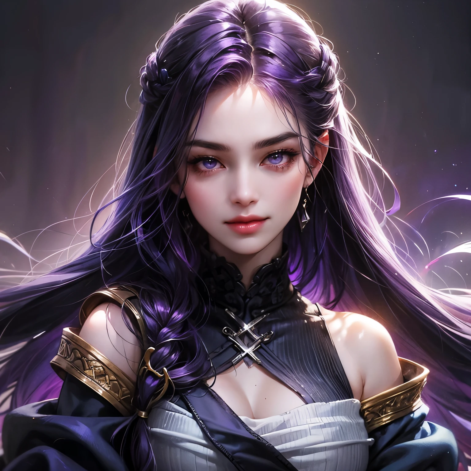 Create a face card portrait for a character description capturing the character's face with only the tip of the shoulders visible. A young teenage female character with long purple hair tied, glowing purple eyes, wearing a purple , black and white fantasy medieval feminine warrior jacket gear, she's a fierce fighter, angry, flirtatious and she's very pretty, dark theme, detailed background of a purple thunderstorm, dark purple lightning at night, smiling sensually, dark blue colors, very close up picture with face, detailed, 4k, only face in the picture, close up shot of face, do not show below the neck, extremely close up shot, straight portrait, Ensure the focus is on a straightforward, centered composition with a clear, direct gaze