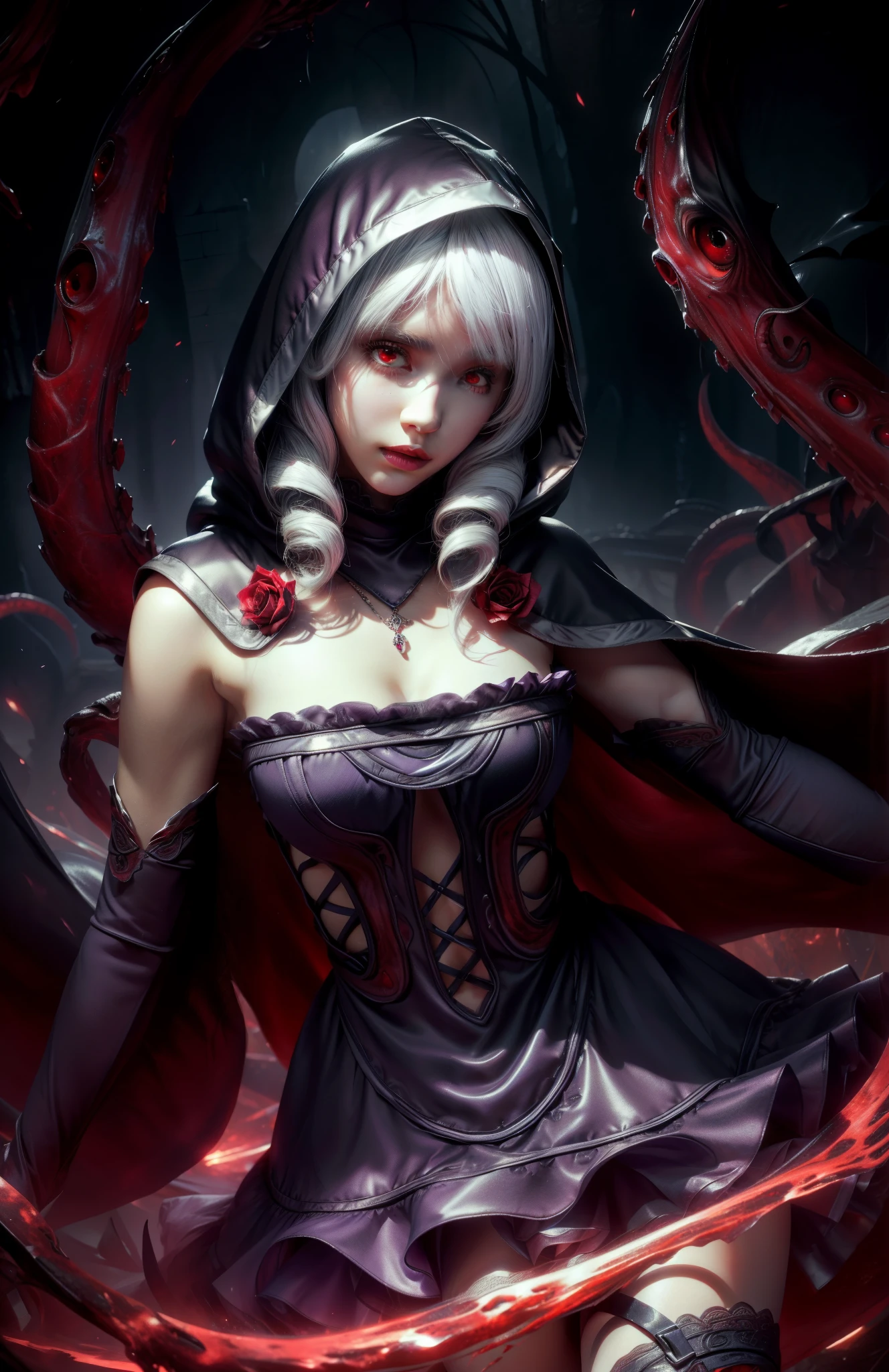 perfect eyes:1.2, detailed eyes:1.4, lying, lying down, dungeon, tentacles, There are many smaller eyes on the tentacles, cephalopod eyes, bloodmagic, viola, red eyes, white hair, twin drills, orb, Face veil, 3d, realistic, hood up, cape, rose, detached sleeves, cleavage, dress, jewelry, frills, skirt, black underwear, cowboy shot, 1girl, solo, (masterpiece:1.6, best quality), 8k, insane details, intricate details, hyperdetailed, hyper quality, high detail, ultra detailed, professional, HDR, ray tracing reflection, cinematic lighting,