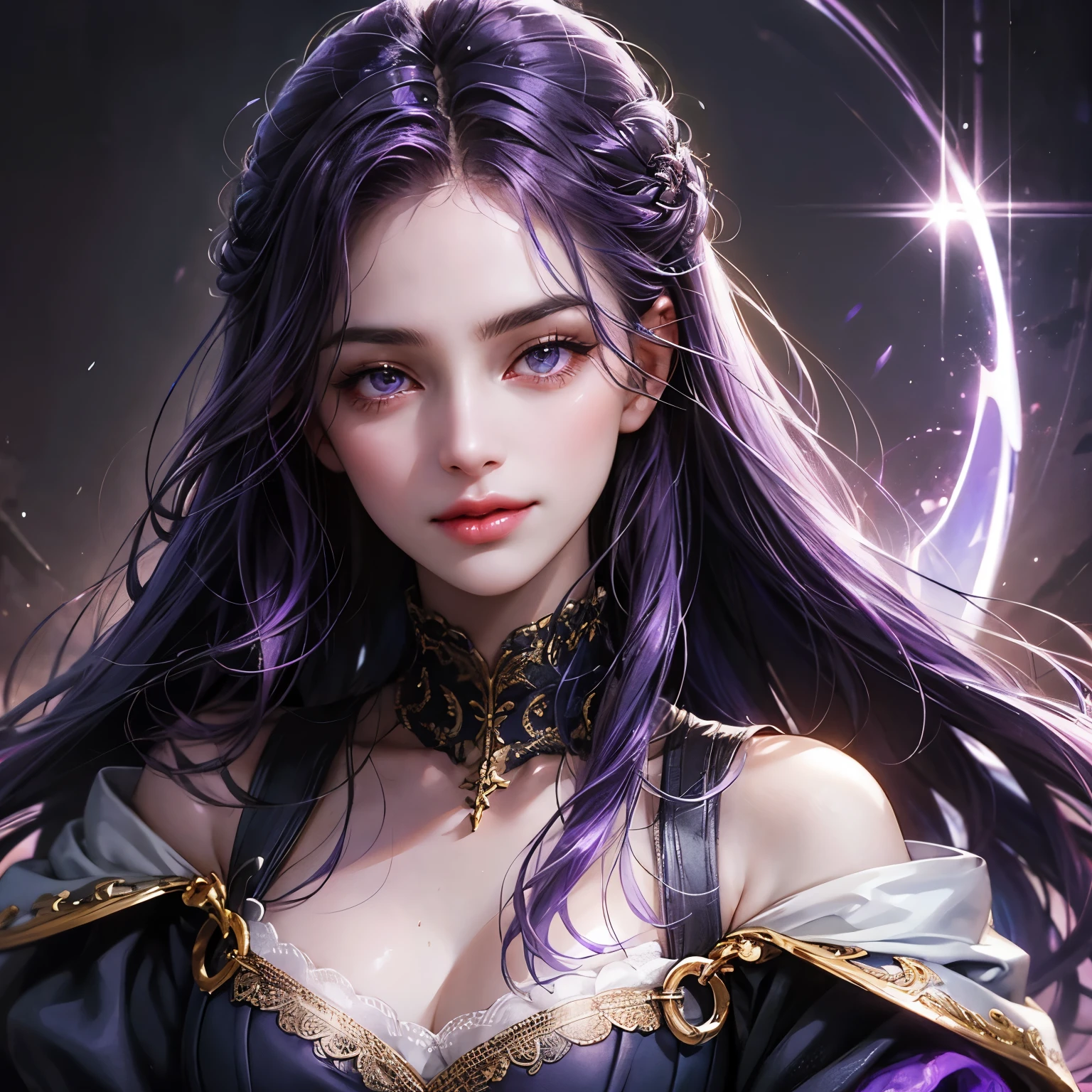 Create a face card portrait for a character description capturing the character's face with only the tip of the shoulders visible. A young age female character with long purple hair tied, glowing purple eyes, wearing a purple , black and white fantasy medieval feminine warrior jacket gear, she's a fierce fighter, angry, flirtatious and she's very pretty, dark theme, detailed background of a purple thunderstorm, dark purple lightning at night, smiling sensually, dark blue colors, very close up picture with face, detailed, 4k, only face in the picture, close up shot of face, do not show below the neck, extremely close up shot, straight portrait, Ensure the focus is on a straightforward, centered composition with a clear, direct gaze