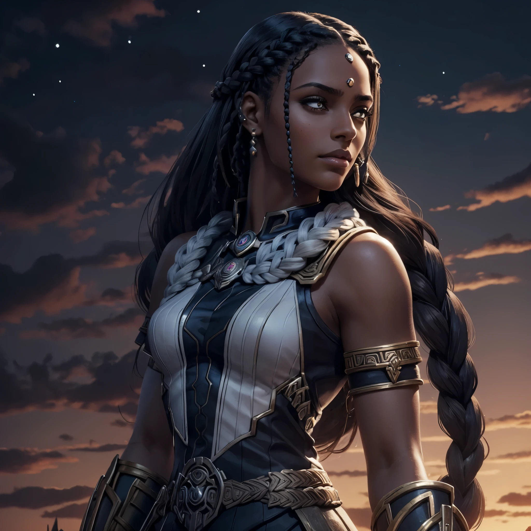 A dark-skinned valkyrie, nagô braids e postura alerta mas curiosa , nagô braids