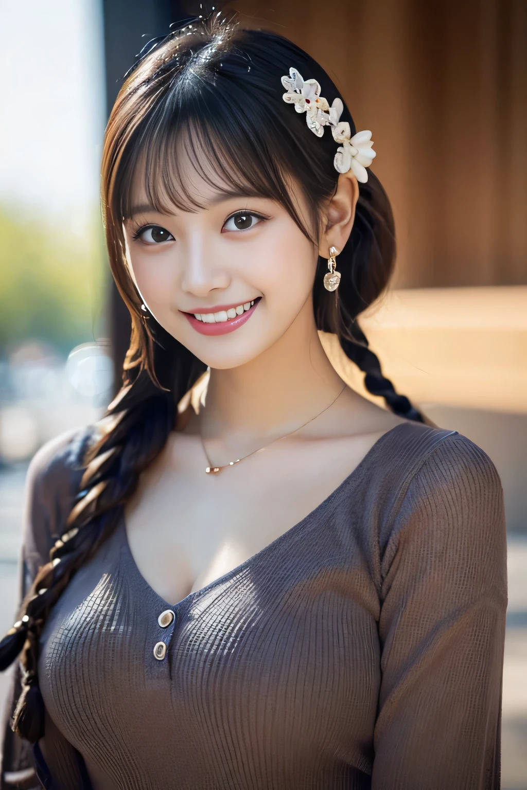 solo girl,stand in the park,casual summer knit dresses,(flower hair ornament,Braided top knot,Twisted side part ponytail braided headband,half up、Braided Space Van,voluminous fishtail braid,Twisted pan),(The bangs are see-through bangs),(((emphasize the chest:1.3))),(dynamic angle),(dynamic and sexy pose),(lean forward:1.3),(((a majestic statue))),Disturbance of clothing due to movement,Breast flick,hairpin,necklace,earrings,Beautiful woman,.perfect face,With a round face,(A smile that makes people happy:1.7),big and full breasts,,intricate details,very delicate and beautiful hair,realistic,dream-like,realistic shadow,focus only,beautiful hands,beautiful fingers,Detailed functions of fingers,Detailed features of the garment,Detailed characteristics of hair,detailed facial features,、(professional lighting),(Photoreal:1.3),(RAW photo.),(highest quality,Ultra high resolution output image,) ,(8K quality,),(Image mode Ultra HD,)