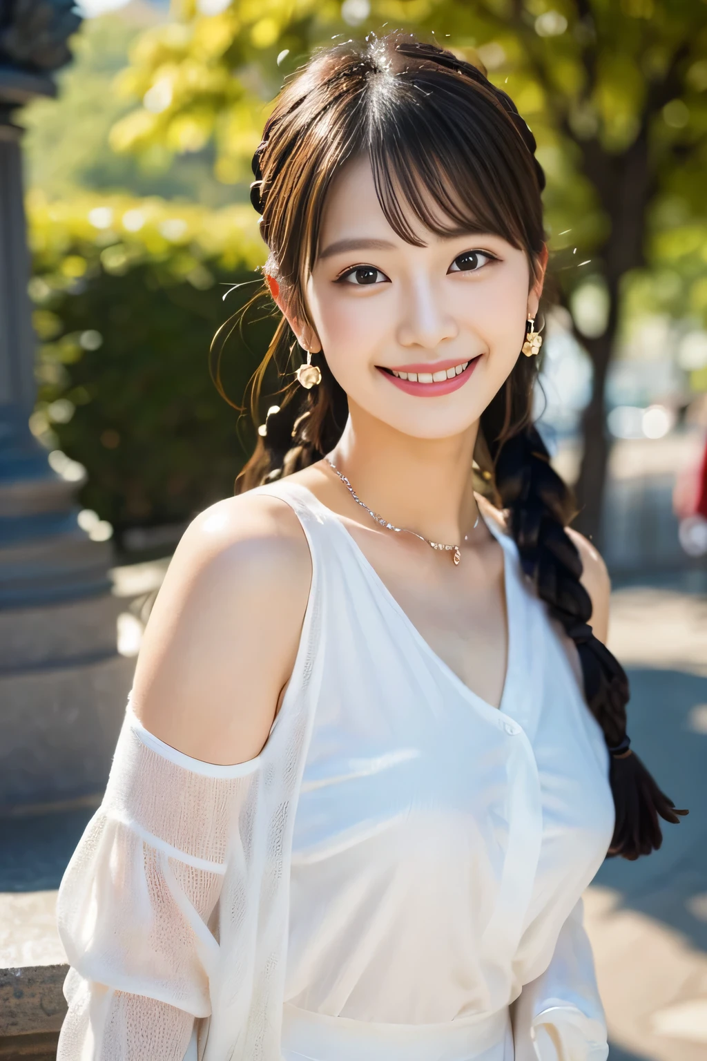 solo girl,stand in the park,casual summer knit dresses,(flower hair ornament,Braided top knot,Twisted side part ponytail braided headband,half up、Braided Space Van,voluminous fishtail braid,Twisted pan),(The bangs are see-through bangs),(((emphasize the chest:1.3))),(dynamic angle),(dynamic and sexy pose),(lean forward:1.3),(((a majestic statue))),Disturbance of clothing due to movement,Breast flick,hairpin,necklace,earrings,Beautiful woman,.perfect face,With a round face,(A smile that makes people happy:1.7),big and full breasts,,intricate details,very delicate and beautiful hair,realistic,dream-like,realistic shadow,focus only,beautiful hands,beautiful fingers,Detailed functions of fingers,Detailed features of the garment,Detailed characteristics of hair,detailed facial features,、(professional lighting),(Photoreal:1.3),(RAW photo.),(highest quality,Ultra high resolution output image,) ,(8K quality,),(Image mode Ultra HD,)