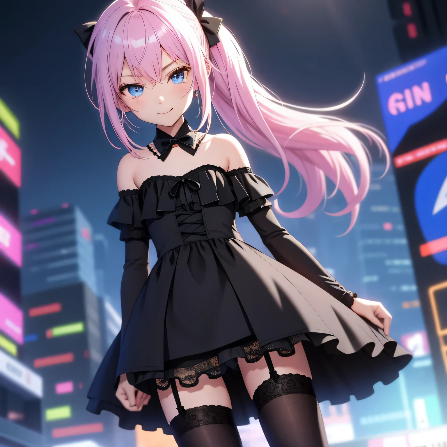 1 girl, wallpaper,full-body shot, zoomed out, grey wall background, dark picture, ruined wall background, asymmetric hair, grey hair, multicolored hair, long hair, psycho smile, evil_smile, dark purple eyes, view from the side, looking at viewer, long chain shackles, neon lights in background, grin, ruffled hair, showy black dress, modern gothic black dress, single black stocking, single black leg fishnet