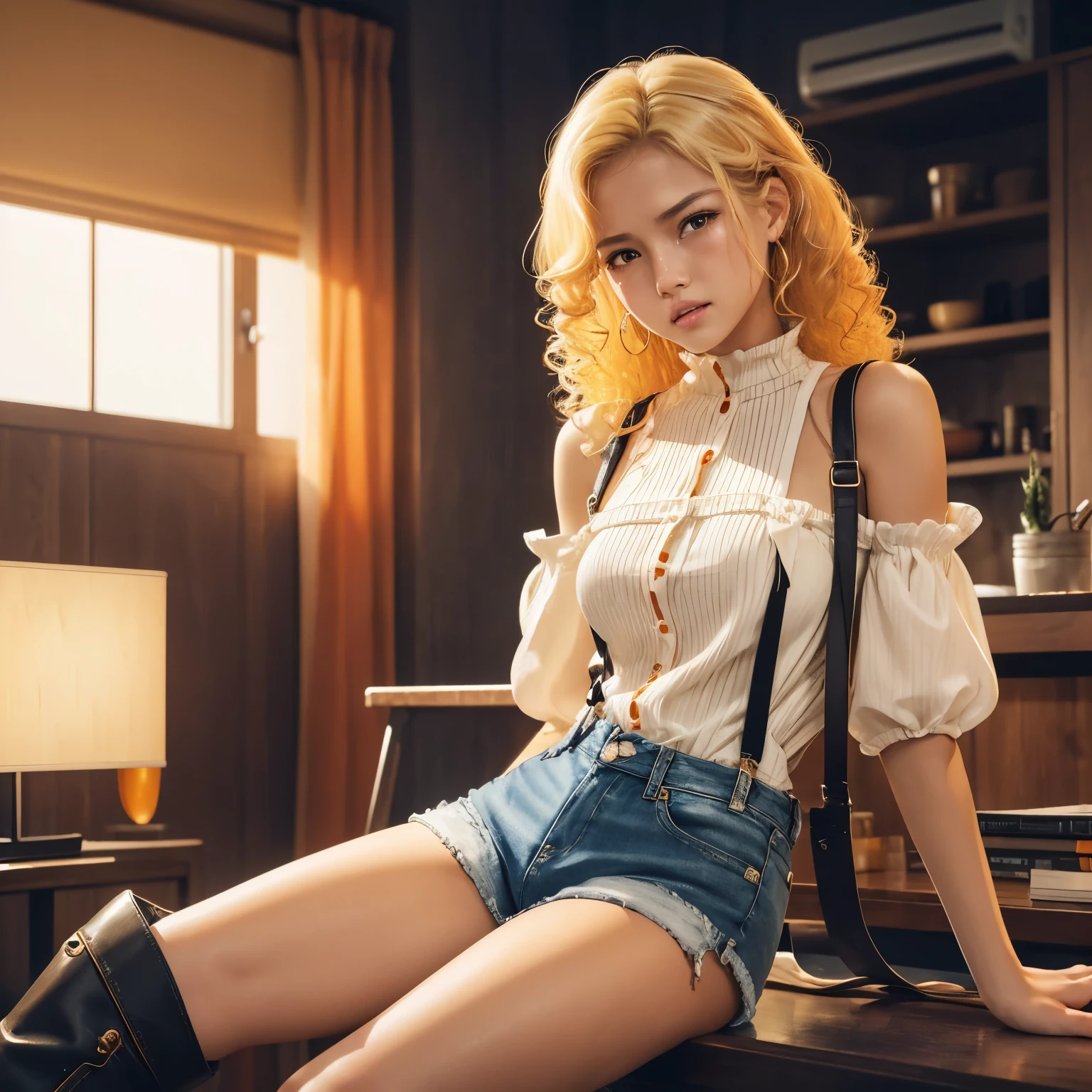 masutepiece, Beautuful Women, (chloë grace moretz:Grace Kelly:0.5), (Fantasy Library Background), (skinny business shirt), (Very short skirt), (Stockings), Glasseedium breasts), Perfect body, Blonde hair, AA's hair tied in a loose bun, Legs, (Skin Texture:1.1), Best Quality, 超A high resolution, (Photorealistic: 1.4), Raw photo, Authors:ellen von unwerth, nikon d850 film stock photograph, F1.6 shots, Rich colors, Realistic, cinestill 800, Backlight, Rim lighting, Studio Lighting, Erotic photography