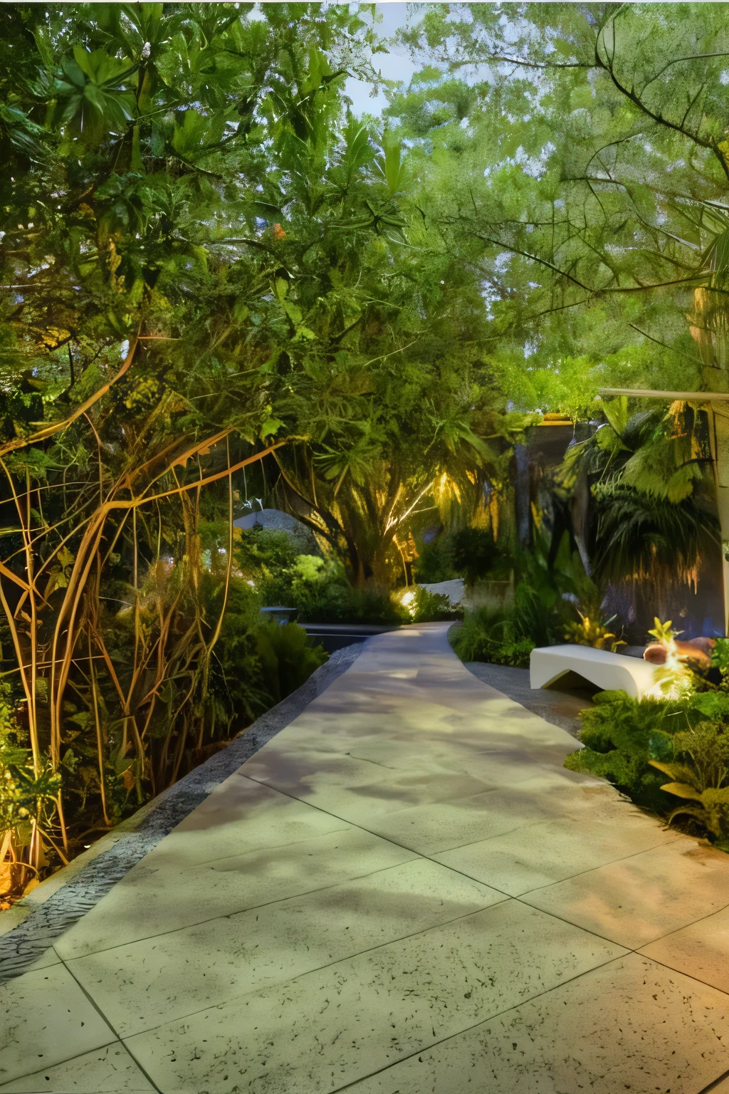 close-up of a walkway with bench and trees, ambiente exuberante, exuberante ambiente de jardim, landscape architecture photo, Caminho, vibrant greenery outside, muito elegante & complex, paisagismo exuberante, wooded path at sunset, lush lighting, para beber, lush exotic vegetation, Passarela, dense with vegetation, lush vegetation in the center, courtyard Passarela, lazer, paisagem exuberante