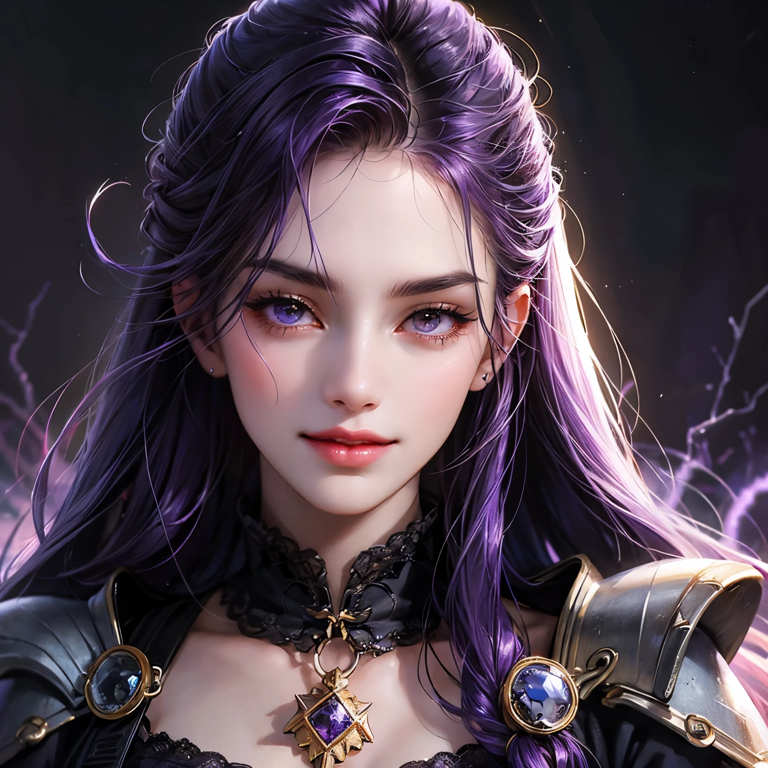 A close up of a woman with purple hair and a purple necklace - SeaArt AI