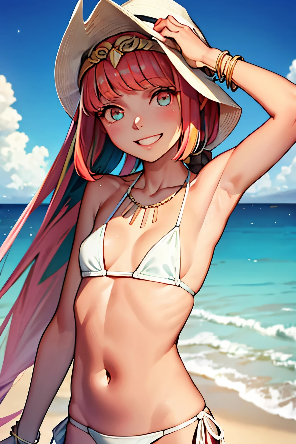 melhor qualidade, obra de arte, alto, sozinho, small girl, small breasts {noite:1.10}, {starry sky:1.10}, praia, Beautiful detailed sky, {fundo extremamente detalhado:1.20}, {Circe_fgo:1.15}, {Ficar:1.10} , olhando para o espectador, {bikini:1.30}, pontudo_ouvidos, Rosa_cabelo longo, head_asas, asas, franja, emplumado_asas, longo_cabelo, joia, sorriso, seios, colar, corar, pequeno_seios, multicolorido_olho, light sorriso