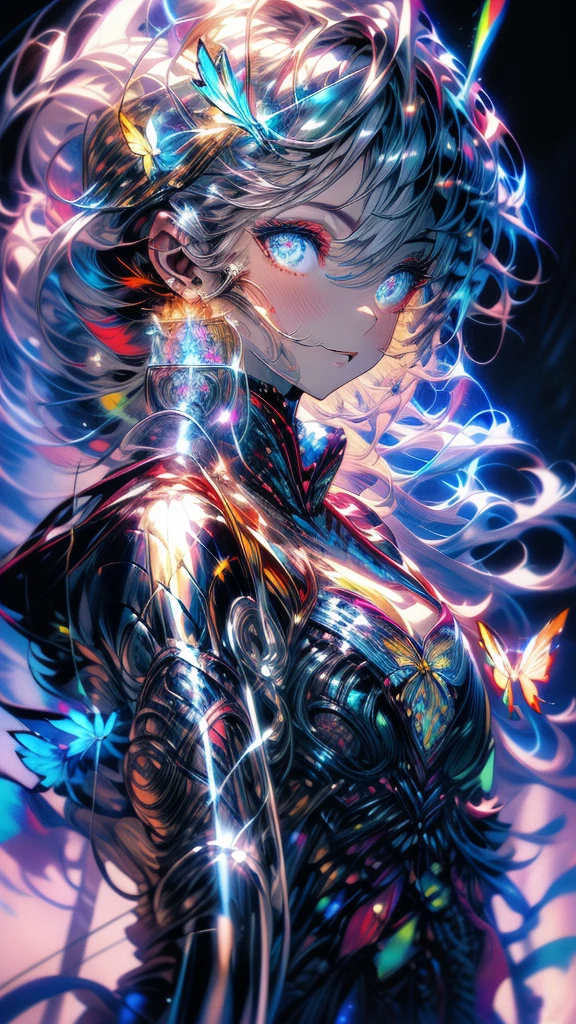 Portrait of a handsome cyborg with white hair 8k, complex, elegant, highly detailed, majestic, digital photography, Artgerm Art, Ruan Jia and Greg Rutkowski, surreal painting, Golden butterfly filigree, broken glass, side light, delicate beautiful eyes: 1.2), Report about human development