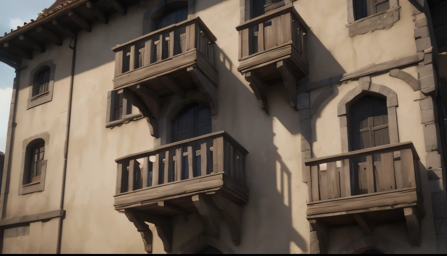A cinematic, front close-up shot of two separate balconies on 2nd floor of a medieval building, high quality video -motion 1 -neg morphing, erratic fluctuation in motion, noisy, bad quality, distorted, poorly drawn, blurry, grainy, low resolution, oversaturated, lack of detail, inconsistent lighting  