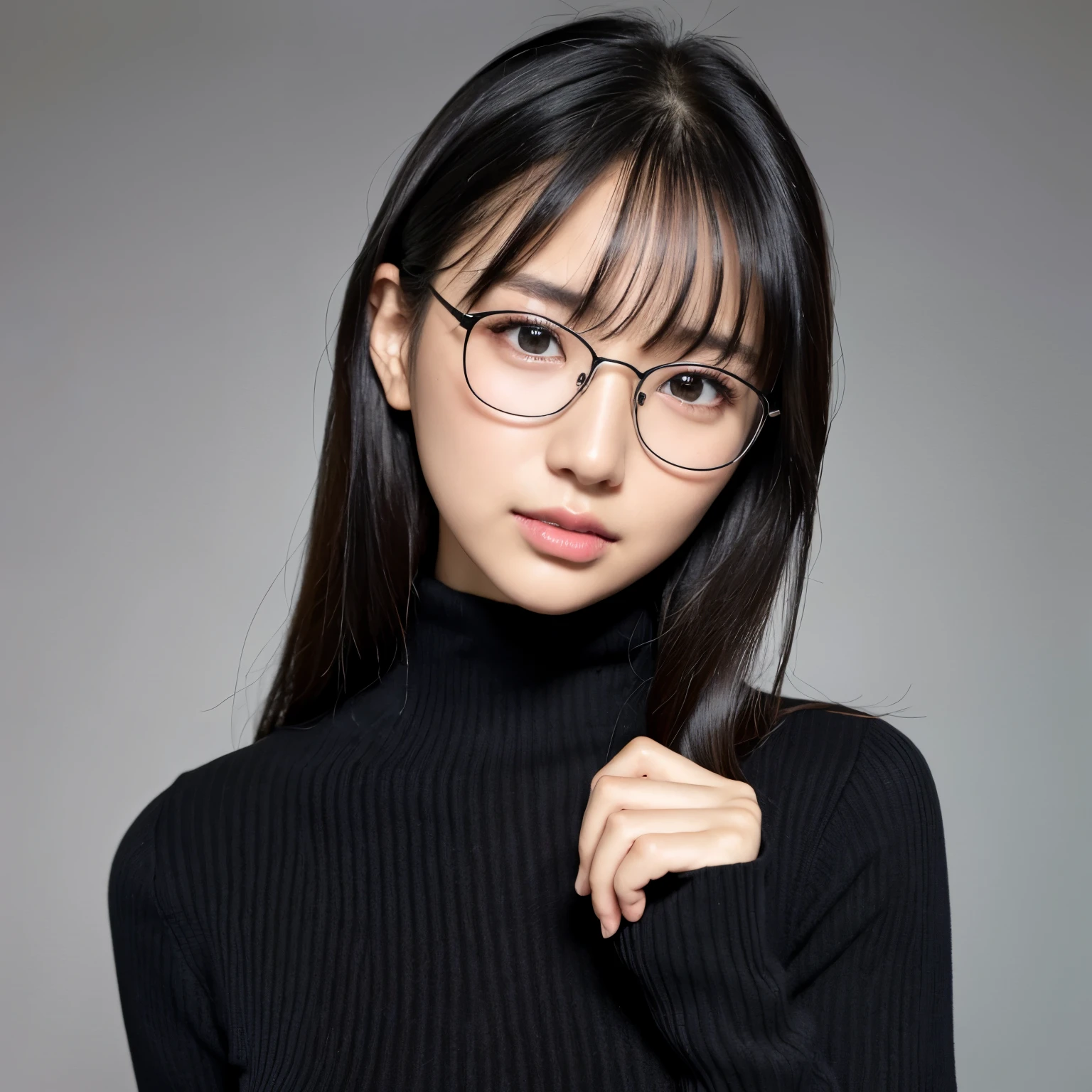 (highest quality、table top、8k、best image quality、ultra high resolution、Award-winning work)、one beautiful woman、alone、(Classy glasses:1.1)、accurate anatomy、(close up of face:1.2)、(Perfect black turtleneck long knit sweater:1.2)、smooth long knit sweater、ultra high resolutionの艶と潤いのある美肌、ultra high resolutionの美しい顔、ultra high resolutionの煌めく瞳、ultra high resolutionの完璧な歯、ultra high resolutionの髪の毛、look at me and smile、perfect makeup、Exactly、Precise and perfect black knit、(The simplest single color background:1.3)