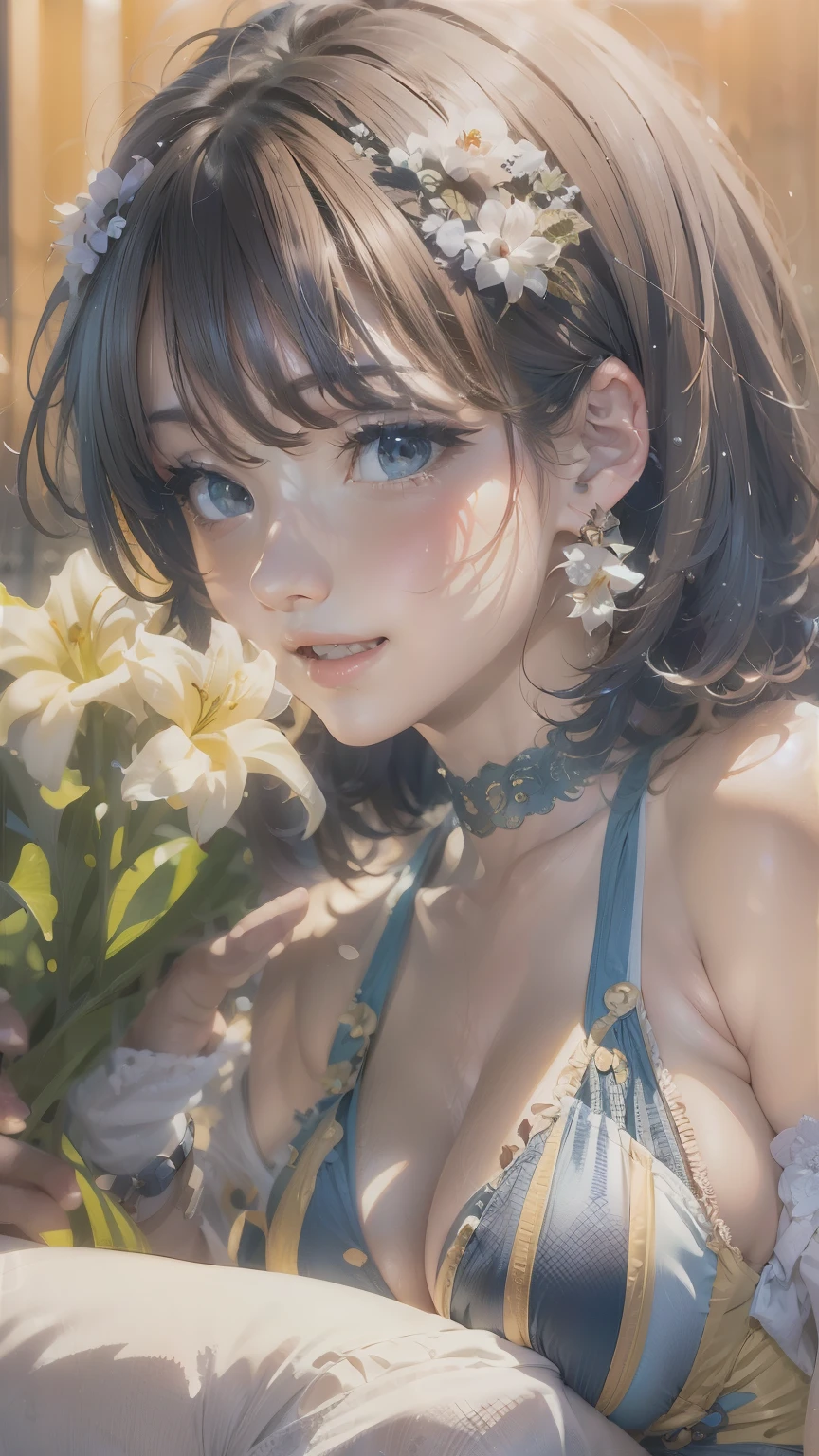 1 girl, Blue eyes. Full-length, holding a lily in her hand, short blue bell dress with yellow stripes, straps, and open shoulders. Blue eyes glow with happiness. Head tilted, short brown hair, graceful head, with a clear smile on her face, Chic interior - sunshine. Chara, a golden studio background, stands among white flowers. Brown hair, blunt bangs, hair between the eyes, parted bangs, long eyelashes, earrings, slight smile, Realism, Surrealism, Art Deco, chiaroscuro, backlighting, masterpiece, anatomically correct, super detail, excellent detail, award-winning, best quality, 1080P, HD