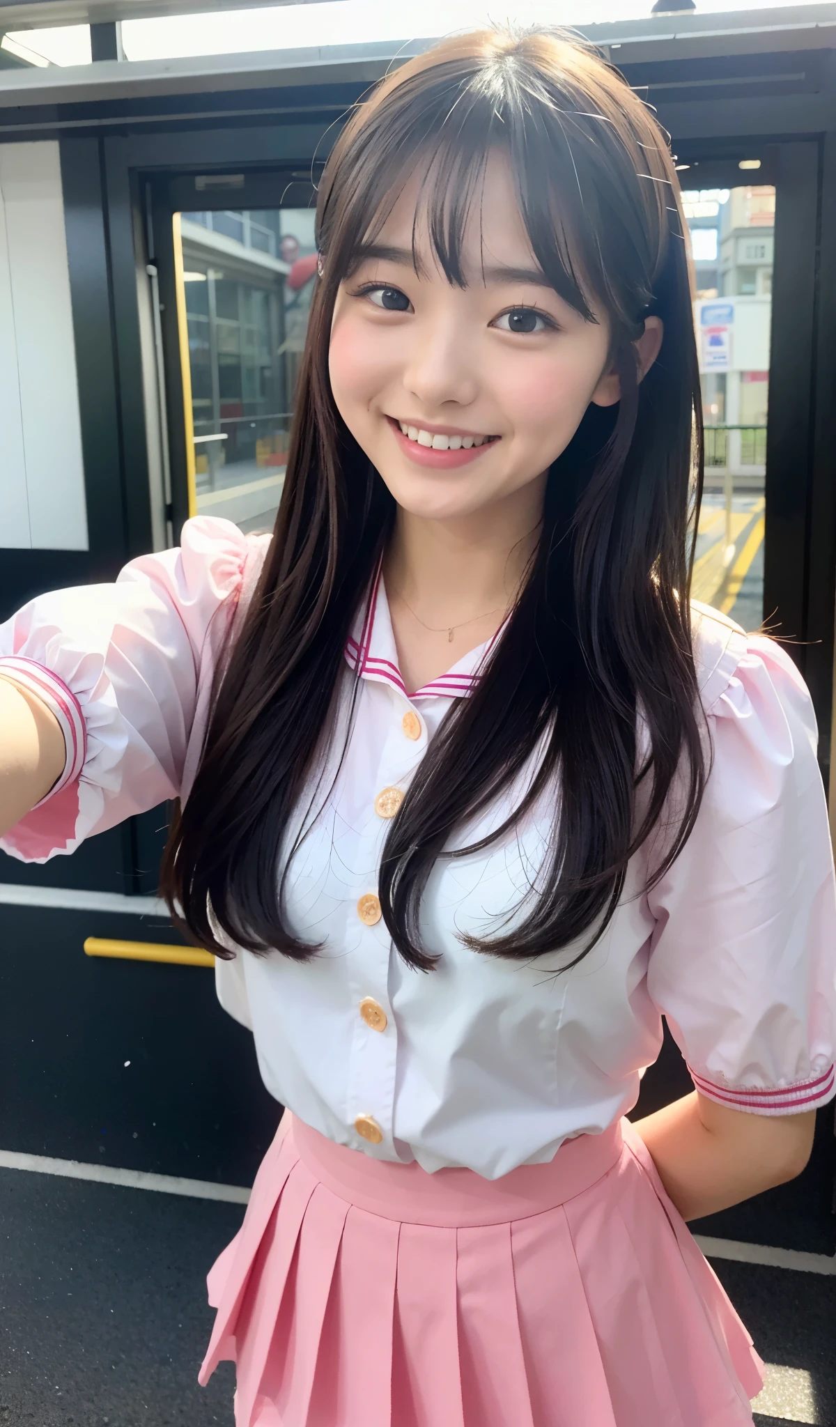 8k、best image quality、masterpiece、summer、Japanese high school girl meets friends while commuting to school。she smiled。、I winked in my right eye.、12age、short hair、clothes with pink frills、