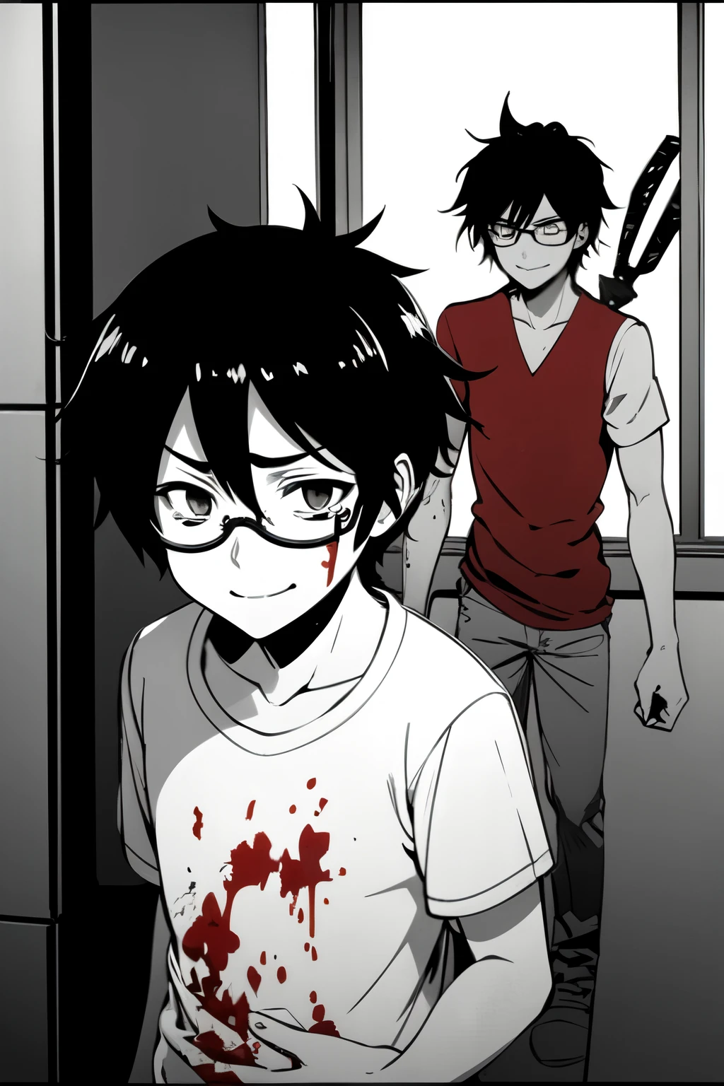 Anime, boy, masculine, eyebags, black hair, tired, fedora, glasses, standing infront of broken mirrors, holding a metal bat, scared, crying, smiling, bleeding