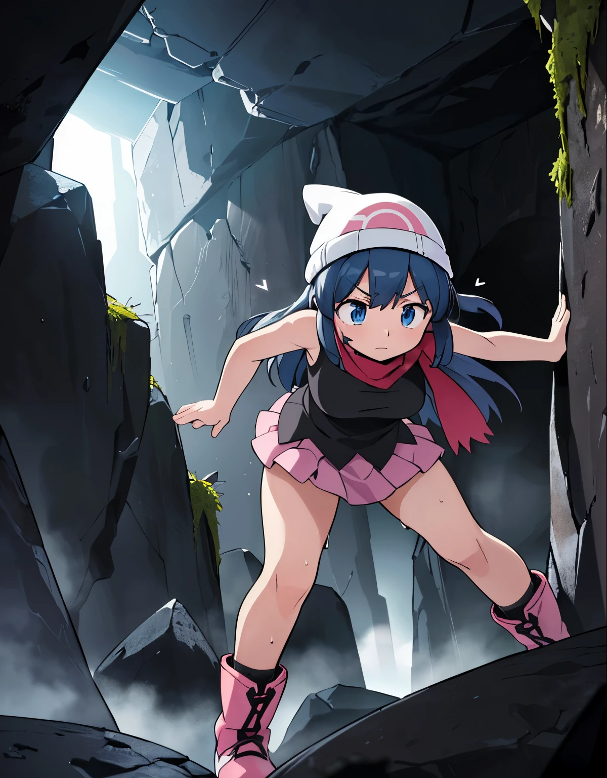 (best quality,4k,highres),(realistic:1.37),(dark,moody:0.9),(intense,high-contrast:1.1),(dramatic lighting,shadowysterious atmosphere),dawn \(pokemon\), beanie, long hair, blue hair, blue eyes, black sleeveless shirt, pink scarf, pink skirt, pink boots, white panties, body shape, chubby thighs, thick thigh,(beautiful detailed eyes,long eyelashes:1.1),(filthy,clothing tearing),(sweat,heavy breathing),(trembling body),(urgent,panic-stricken),(desperate escape),(damp walls,rough texture),(massive boulder:1.2),(colorful fragments,flying in the air),(danger,disaster:1.1),(trapped,enclosed space),(fear,terror),(ominous presence),(echoing sound),(heart-pounding),(blurry motion effect),(narrow passage,limited visibility),(tension,suspense:1.1),(drenched in darkness),(dynamic composition),(determined expression),(uneven terrain),(moss-covered rocks),(fearful gaze),(eerie silence),(adventure,thriller),(sudden tilt,angled perspective),(crawling in shadows),(intense action),(arduous escape),(precise lighting),(subtle hint of hope),(adrenaline rush),(chasing scene),(glimpse of light at the end),(faint echoes),(emerging from darkness),(sudden relief),(strength,agility),(quick reflexes),(pulsating energy),(cave exploration),(skilled dodge),(flickering light),(intense pursuit),(breathtaking tension)