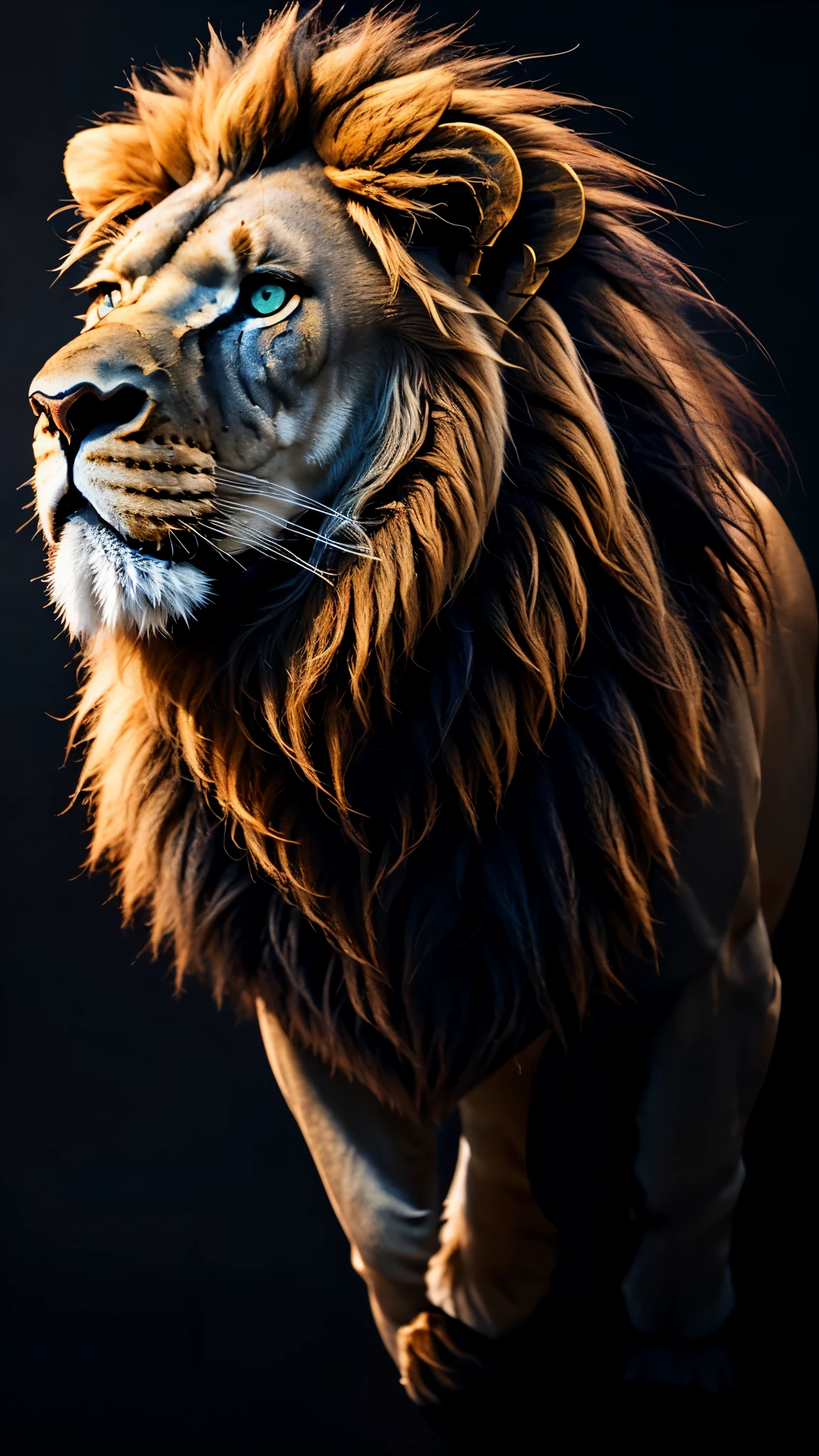 (best quality,highres,ultra-detailed),blue-stroke lion head on black background,portrait,realistic,sharp focus,vivid colors,artistic style,blue color palette,studio lighting.