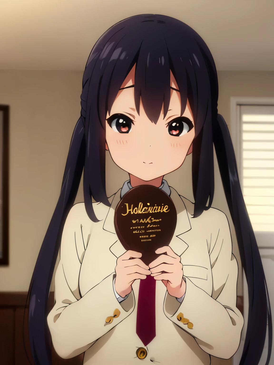 1girl, (((masterpiece))), wallpaper HD, top-quality, top-quality, High Details, nakano azusa, 1girl, Sakuragaoka High School Uniform, student clothes, Twin-tailed, length hair, A dark-haired, brown-eyed, solo, reddish, Dark blue blazer with thin red ribbon, Solid white buttoned shirt under blazer, illustratio, comic strip, soothing tones, Subdued Color, Soft cinematic light, adobe lightroom, photolab, HDR, intricately and hyper-detailed、(((depth of fields))))。(((masterpiece)))。(((top-quality))).)((ultra-detailliert)))。(((illustratio)))。(((takeout))).dynamic focus.big breasts.(((home))).(((A bedroom))).(((Face of happiness))). Smile mouth.(((hand holding a chocolate valentine gift))).(((up chest))).((morning glow)).((the setting sun)).