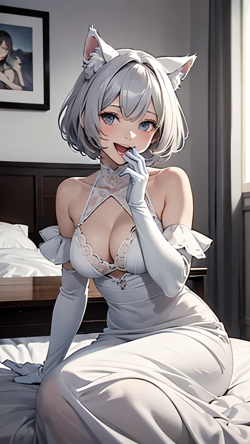 table top High level image quality 最High level image quality 8k lady(I) full body portrait blancheロンググローブ((blanche)(long gloves)) white long dress wolf ears short hair((shortcut)(gray hair)(perm)(fluffy)) eye color is blue laughter((open your mouth)) on the bed sit on top