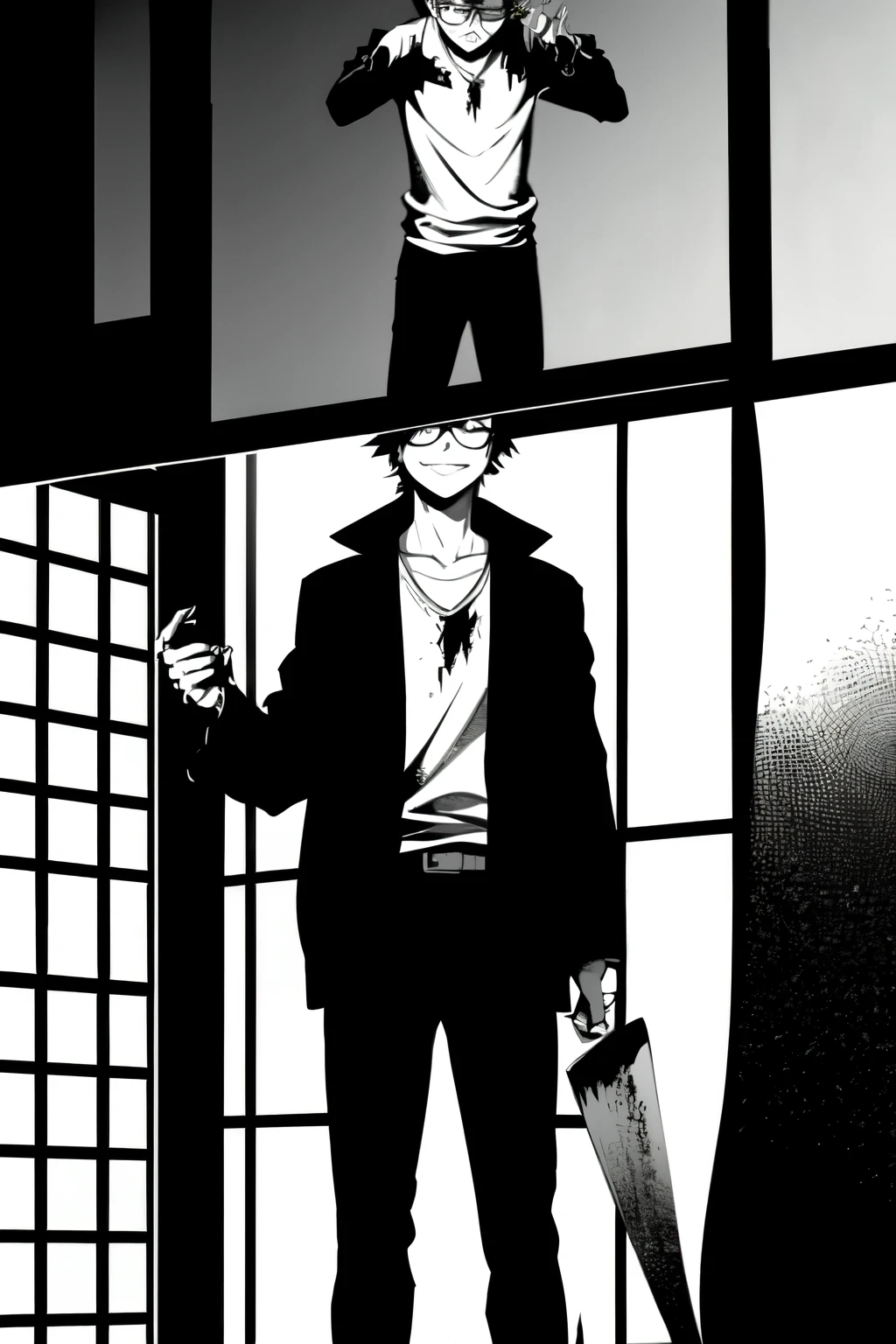 Anime, boy, masculine, eyebags, black hair, tired, fedora, glasses, standing infront of broken mirrors, holding a metal bat, scared, crying, smiling, bleeding, shattered glass, bloody bat
