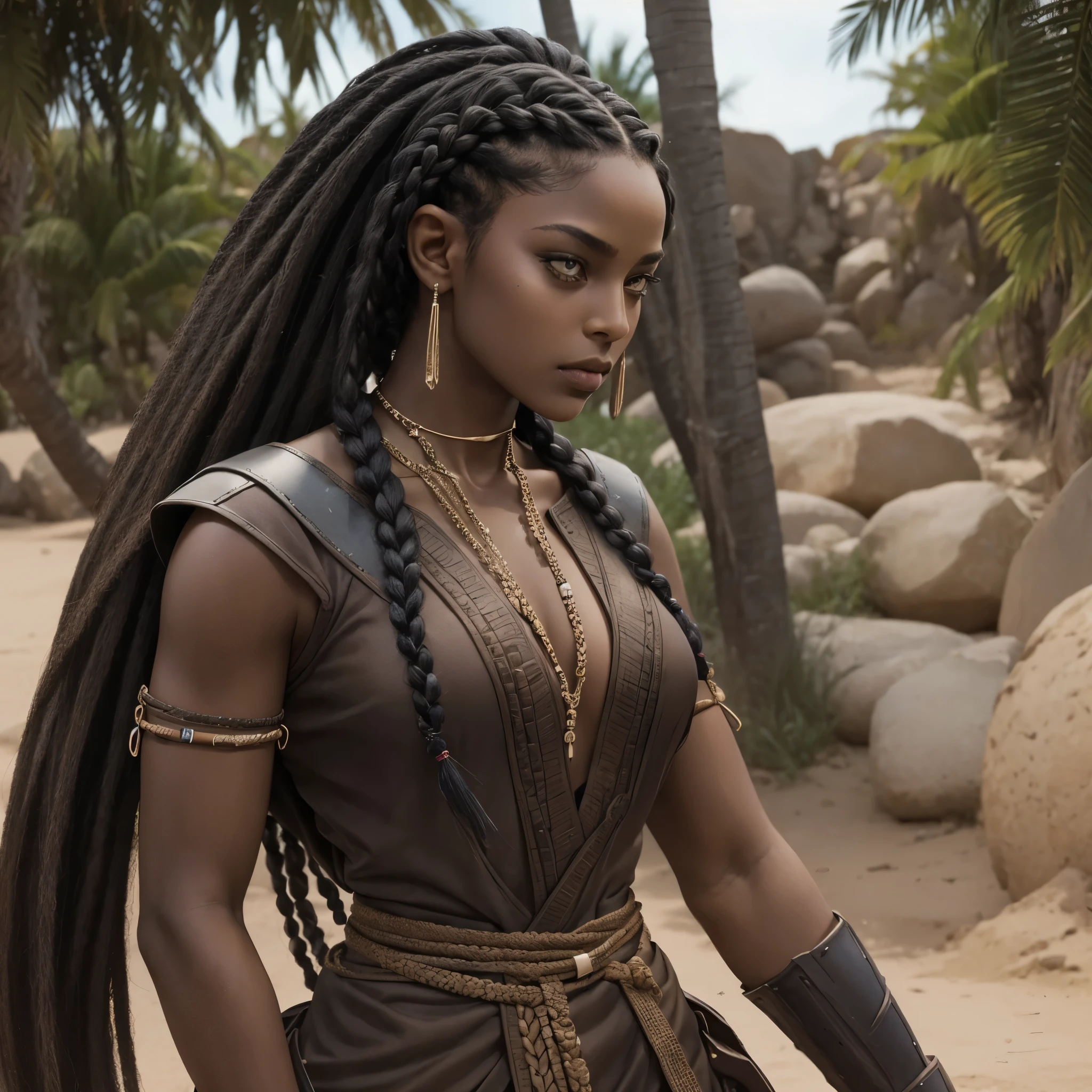 A dark-skinned valkyrie, nagô braids e postura alerta mas curiosa , nagô braids