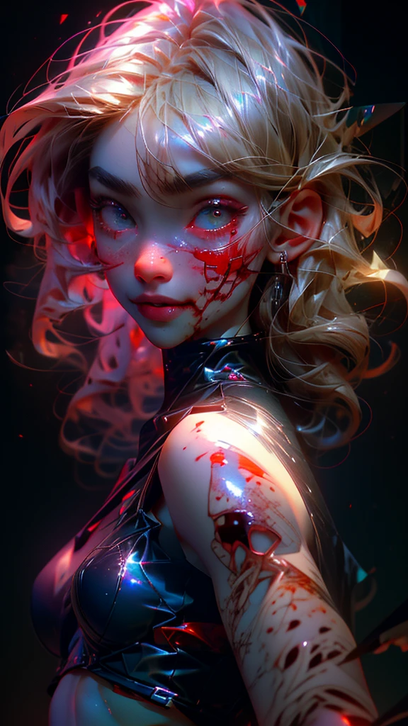 pressurdres, 1 girl,medium breasts, star eye, blush, (Realistic:1.5), (Masterpiece, Extremely detailed CG unity 8k wallpaper, Best quality, A high resolution:1.2), (ultra_detailed, UHD:1.2), (pixiv:1.3), perfect lighting, distinct, (1 girl:1.4), (make it:1.2), I look at the viewer, unreal engine, side lighting, perfect face, detailed face, bang, Perfect body, Beautiful eyes, Beautiful face, (bright skin:1.4), idol, (press), ulzzang-6500-v1.1, (navel), Ruin, dark place, night, dark aura, close-up, selfie, (blood on the face:1.4), (Evil smile:1.1)