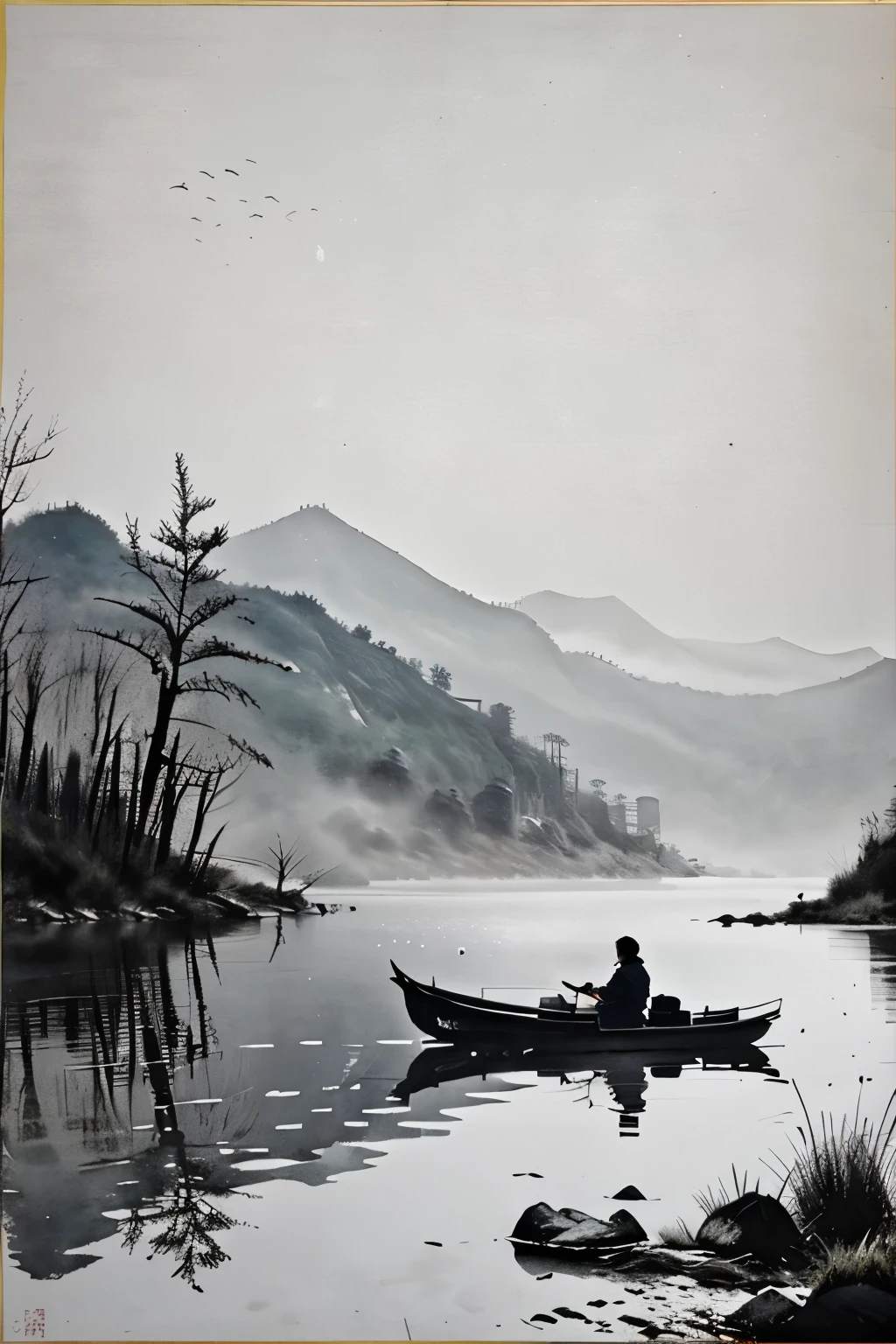 ink and watercolor painting,Draw on rice paper,Use thick, Light ink to create shading variations and layers,Choose the right ink color,Such as deep black、Thick gray、Light coffee, etc,Express different situations and atmospheres,Control the gradient and transition of ink color by the humidity and consistency of the ink,mont,Eau,the trees,Snowflakes flying in the sky,Lake surface,Small broken boat,fisherman,Bleak, Desolate, We have,A huge full moon rises over the horizon,eventide,wide wide shot,Cool moonlight,Black and white tones,The background is a snowy scene,There are dead trees on both sides of the picture, Traditional Chinese Ink Painting, Traditional Chinese art, author:Guo Xi, author:Ma Yuanyu, Traditional Chinese painting, author:Xu Xi, author:Luo Mu, author:Yang Buzhi, author:Li Kelan, author:Gu An, Ink painting ) ) ) ), Chinese ink painting, Chinese painting style