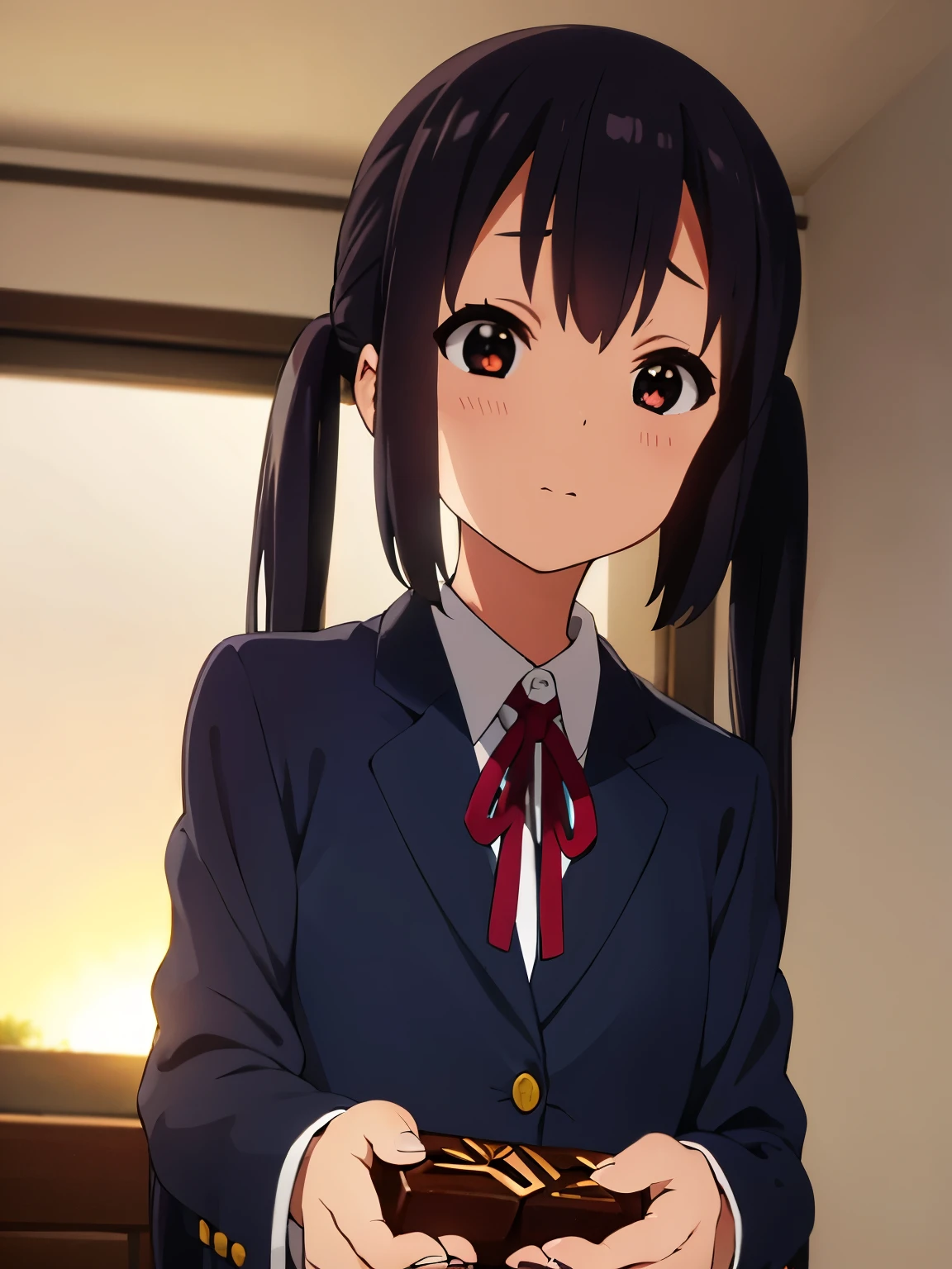 1girl, (((​masterpiece))), wallpaper HD, top-quality, top-quality, High Details, nakano azusa, 1girl, Sakuragaoka High School Uniform, student clothes, Twin-tailed, length hair, A dark-haired, brown-eyed, solo, reddish, Dark blue blazer with thin red ribbon, Solid white buttoned shirt under blazer, illustratio, comic strip, soothing tones, Subdued Color, Soft cinematic light, adobe lightroom, photolab, HDR, intricately and hyper-detailed、(((depth of fields))))。(((​masterpiece)))。(((top-quality))).)((ultra-detailliert)))。(((illustratio)))。(((takeout))).dynamic focus.big breasts.(((home))).(((A bedroom))).(((Face of happiness))). open smile mouth.(((hand holding a chocolate valentine gift))).(((up chest))).((morning glow)).((the setting sun)).