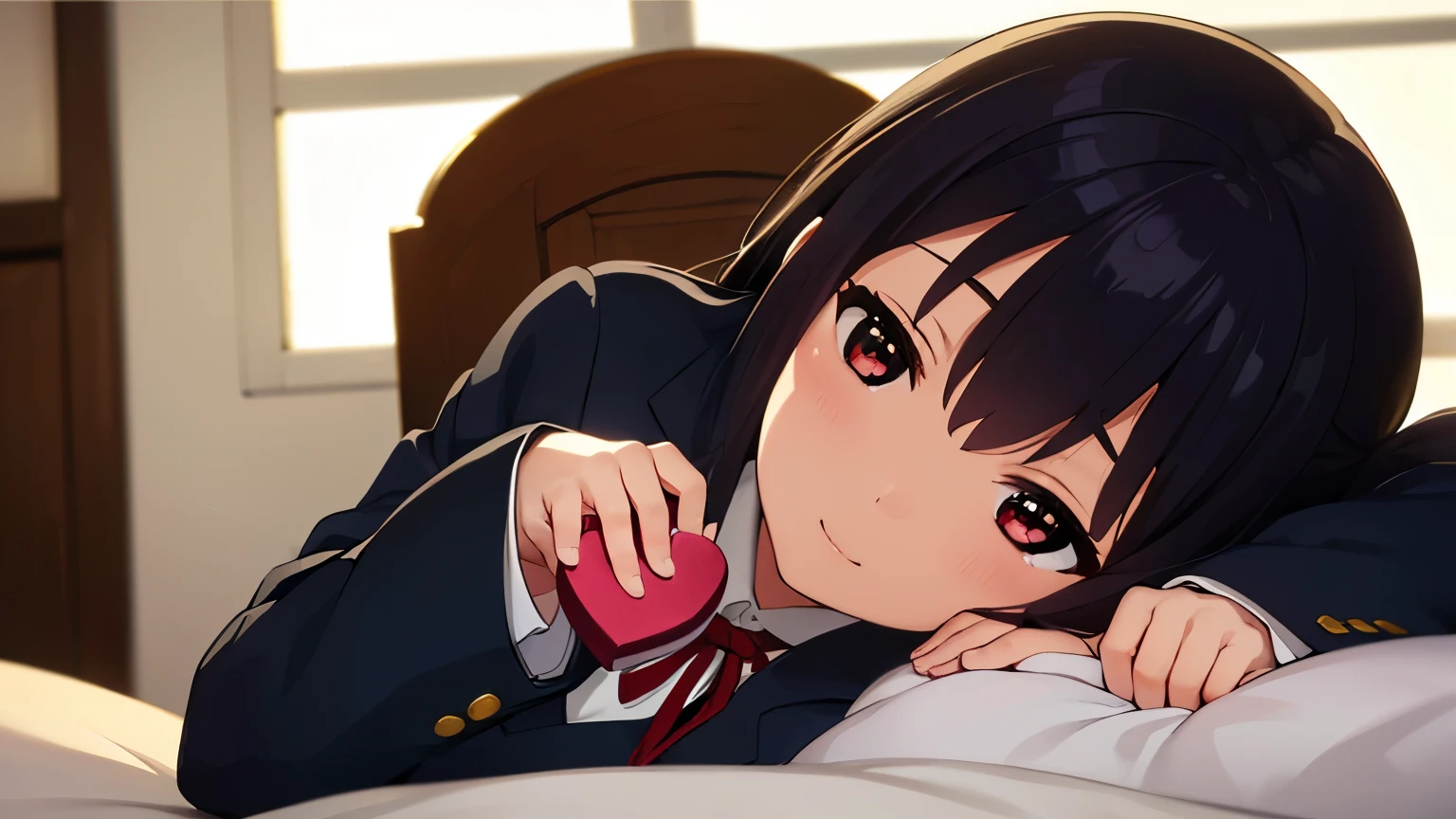 1girl, (((​masterpiece))), wallpaper HD, top-quality, top-quality, High Details, nakano azusa, 1girl, Sakuragaoka High School Uniform, student clothes, Twin-tailed, length hair, A dark-haired, brown-eyed, solo, reddish, Dark blue blazer with thin red ribbon, Solid white buttoned shirt under blazer, illustratio, comic strip, soothing tones, Subdued Color, Soft cinematic light, adobe lightroom, photolab, HDR, intricately and hyper-detailed、(((depth of fields))))。(((​masterpiece)))。(((top-quality))).)((ultra-detailliert)))。(((illustratio)))。(((takeout))).dynamic focus.big breasts.(((home))).(((A bedroom))).(((Face of happiness))). open smile mouth.(((hand holding a chocolate valentine gift))).(((up chest))).((morning glow)).((the setting sun)).