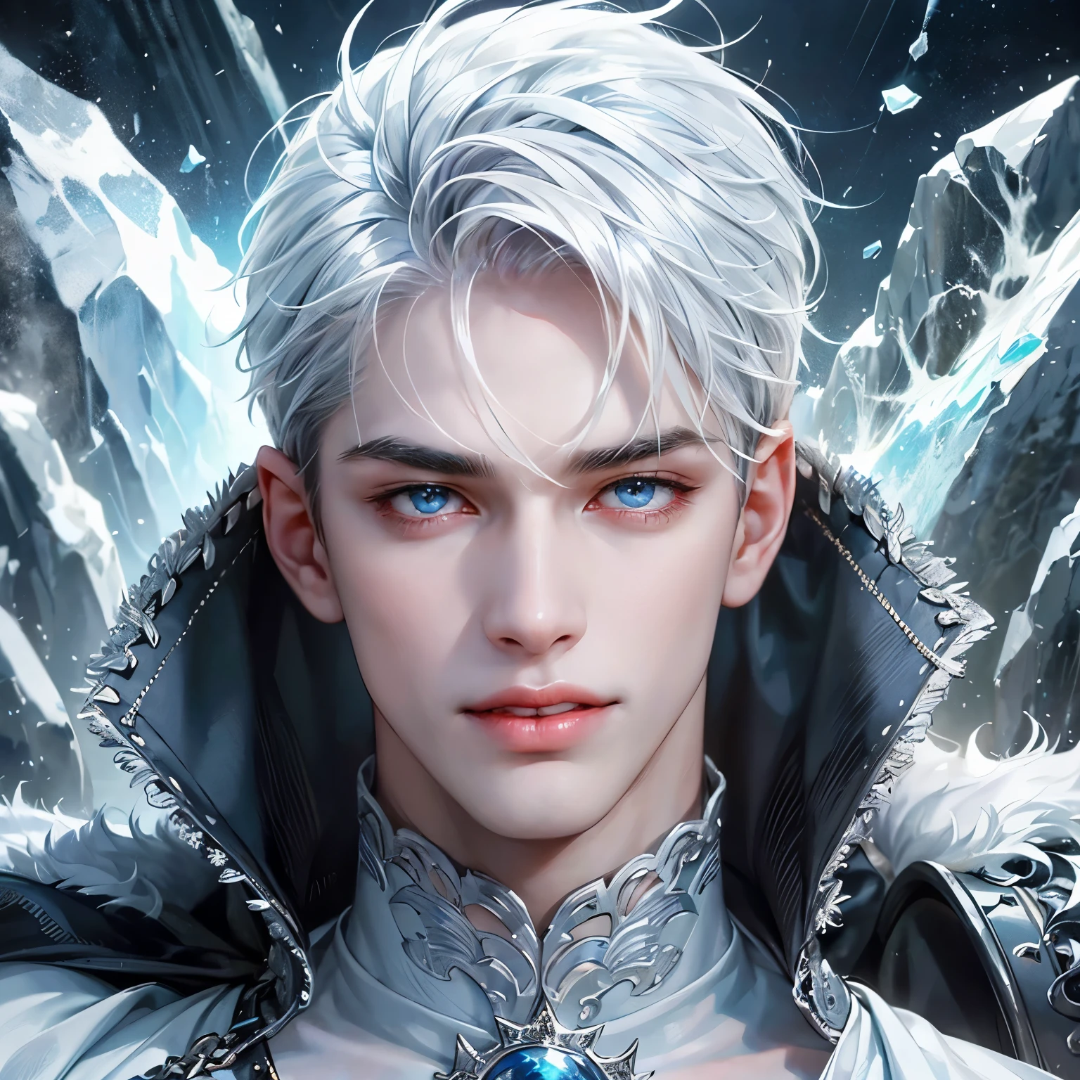 Create a face card portrait for a character description capturing the character's face. A young teenage male character with spiky white hair, glowing blue eyes, wearing an all white fantasy medieval masculine warrior gear, with a white fur coat, muscular and tall, he's a fierce fighter, angry, he's very handsome, dark theme, detailed background of an icy mountains, whitee ice in background, laughing, dark blue colors, very close up picture with face, detailed, 4k, only face in the picture, close up shot of face, do not show below the neck, extremely close up shot, straight portrait, Ensure the focus is on a straightforward, centered composition with a clear, direct gaze