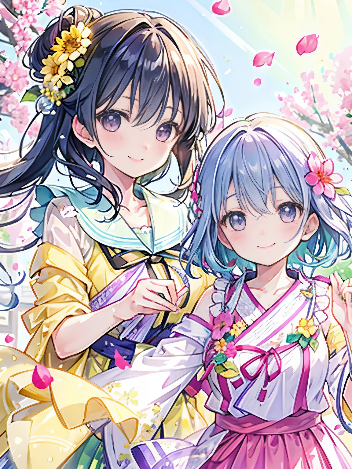 refreshing morning,smile,The morning sunlight and flower petals are dancing,close up of face,Banzai,girly clothes,blue and yellow and green and purple