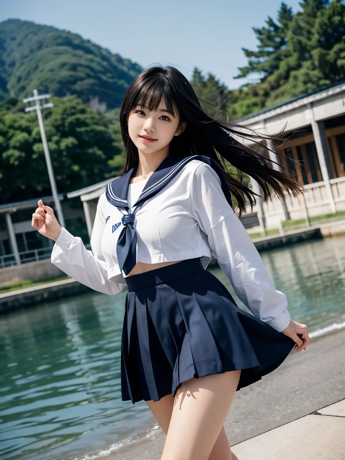 high school girl、The wind flips my skirt、angle from below、 beautiful japanese girl, perfect body,sailor suit、 japanese model, attractive body, japanese goddess, beautiful body and face, beautiful asian woman,, wonderful body, sexy girl, asian girl, beautiful body, plump body、big breasts、perfect feet, perfect hands, perfect fingers
