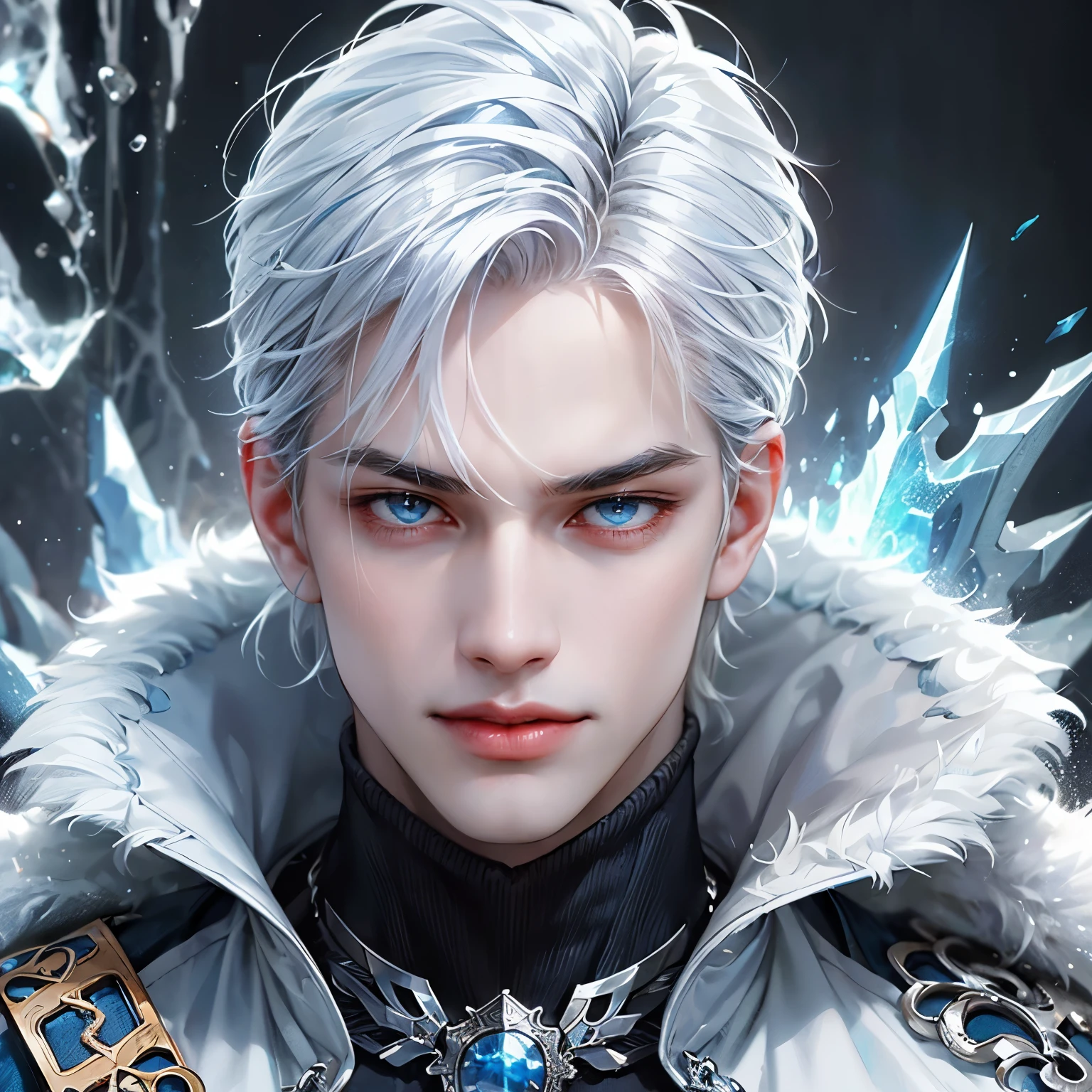 Create a face card portrait for a character description capturing the character's face. A young age male character with spiky white hair, glowing blue eyes, wearing an all white fantasy medieval masculine warrior gear, with a white fur coat, muscular and tall, he's a fierce fighter, angry, he's very handsome, dark theme, detailed background of an icy mountains, whitee ice in background, laughing, dark blue colors, very close up picture with face, detailed, 4k, only face in the picture, close up shot of face, do not show below the neck, extremely close up shot, straight portrait, Ensure the focus is on a straightforward, centered composition with a clear, direct gaze