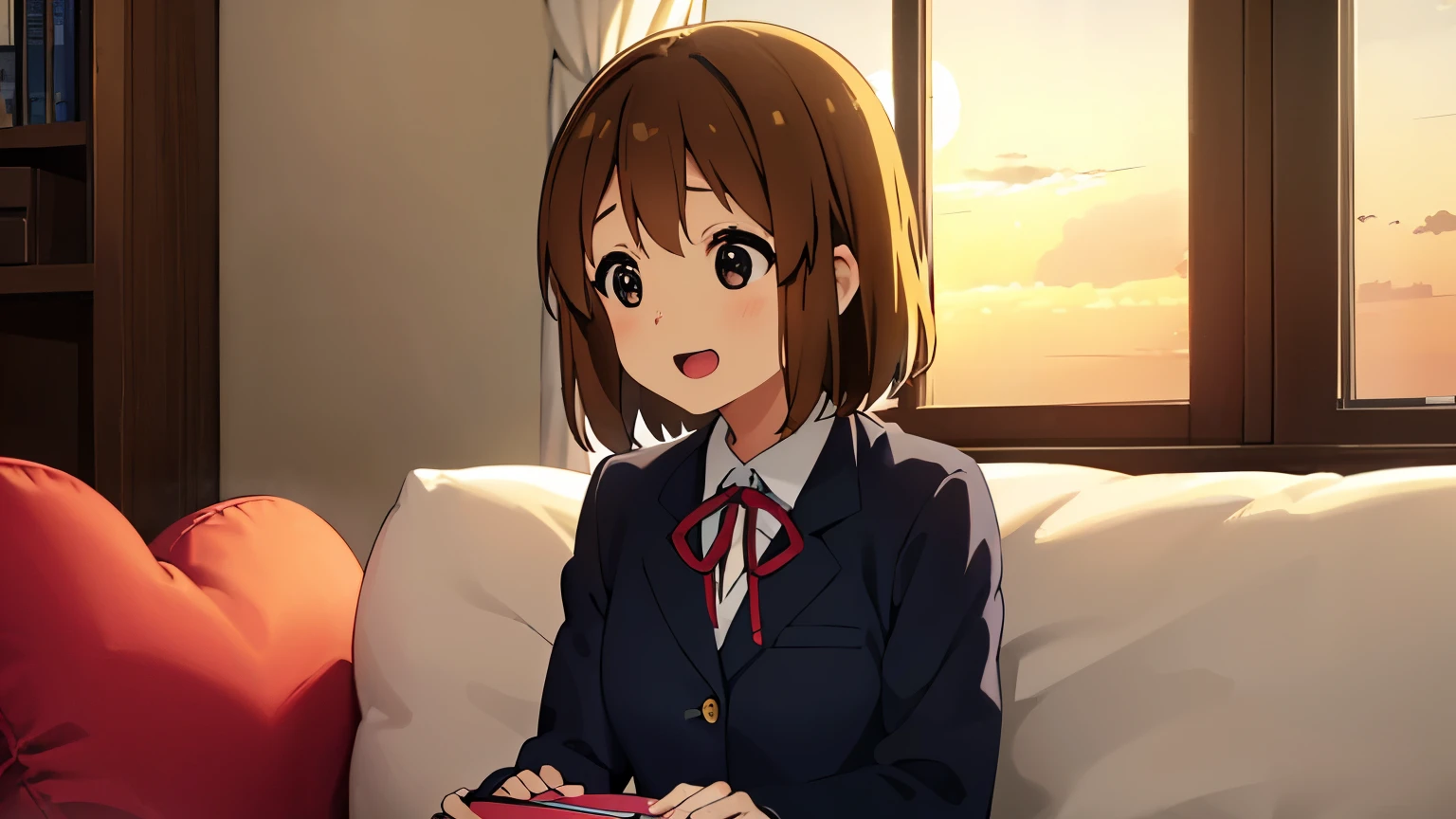 1girl, (((masterpiece))), top-quality, top-quality, High Details, hirasawa yui, 1girl, Sakuragaoka High School Uniform, student clothes, yellow hairpin, short hair, A brown-haired, brown-eyed, solo, reddish, Dark blue blazer with thin red ribbon, Solid white buttoned shirt under blazer, sitting on the sofa, illustratio, comic strip, soothing tones, Subdued Color, Soft cinematic light, adobe lightroom, photolab, HDR, intricately and hyper-detailed、(((depth of fields))))。(((masterpiece)))。(((top-quality))).)((ultra-detailliert)))。(((illustratio)))。(((takeout))).dynamic focus.big breasts.(((home))).(((A sitting room))).(((Face of happy))). open mouth.(((hands holding big box valentine chocolate))).(((up chest))).((morning glow)).((the setting sun)).
