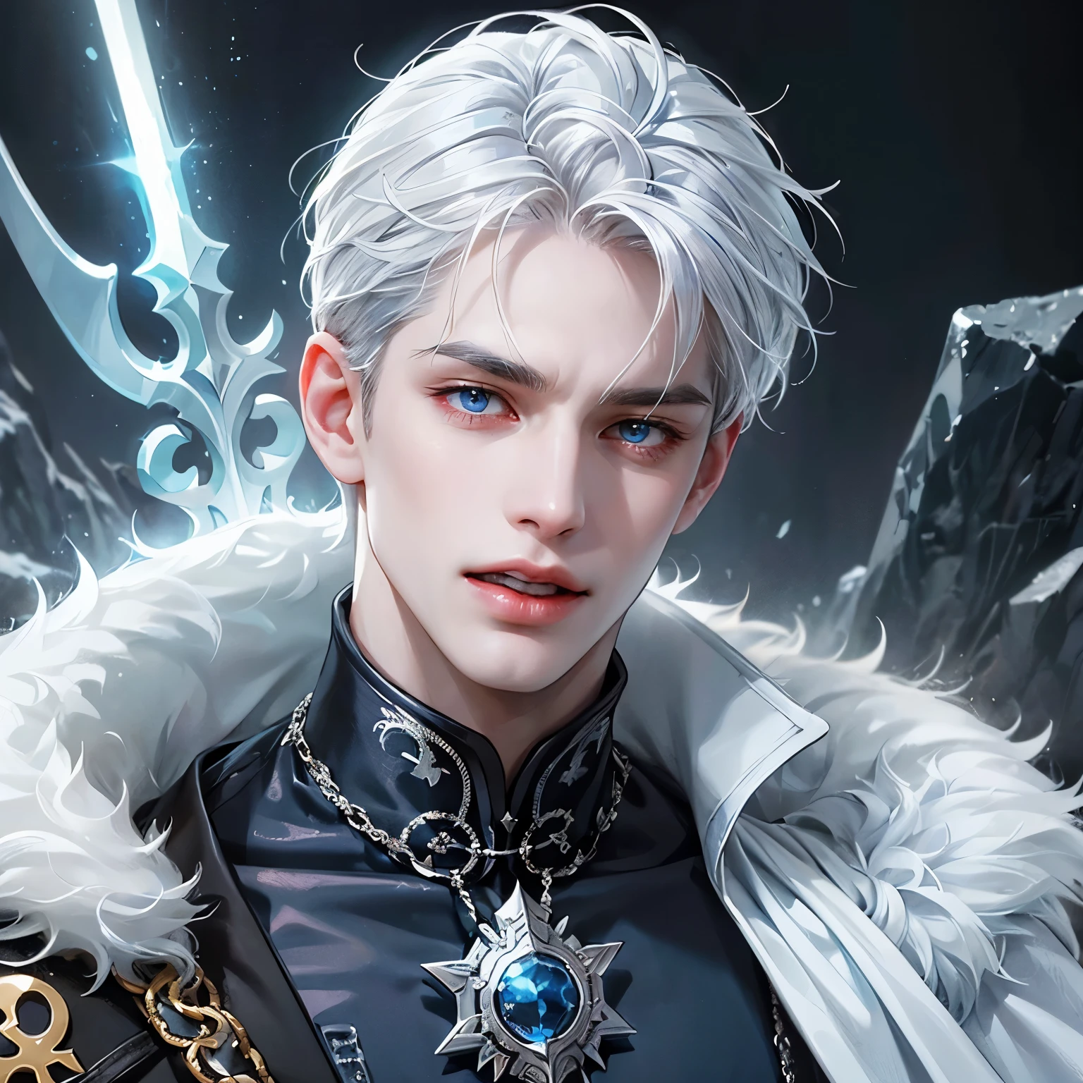 Create a face card portrait for a character description capturing the character's face. A young age male character with spiky white hair, glowing blue eyes, wearing an all white fantasy medieval masculine warrior gear, with a white fur coat, muscular and tall, he's a fierce fighter, angry, he's very handsome, dark theme, detailed background of an icy mountains, whitee ice in background, laughing, dark blue colors, very close up picture with face, detailed, 4k, only face in the picture, close up shot of face, do not show below the neck, extremely close up shot, straight portrait, Ensure the focus is on a straightforward, centered composition with a clear, direct gaze