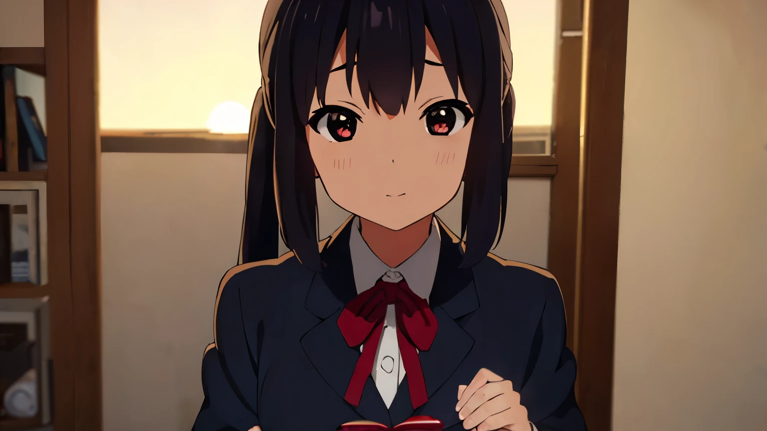 1girl, (((masterpiece))), wallpaper HD, top-quality, top-quality, High Details, nakano azusa, 1girl, Sakuragaoka High School Uniform, student clothes, Twin-tailed, length hair, A dark-haired, brown-eyed, solo, reddish, Dark blue blazer with thin red ribbon, Solid white buttoned shirt under blazer, illustratio, comic strip, soothing tones, Subdued Color, Soft cinematic light, adobe lightroom, photolab, HDR, intricately and hyper-detailed、(((depth of fields))))。(((masterpiece)))。(((top-quality))).)((ultra-detailliert)))。(((illustratio)))。(((takeout))).dynamic focus.big breasts.(((home))).(((A bedroom))).(((Face of happiness))). open smile mouth.(((hand holding a chocolate valentine gift))).(((up chest))).((morning glow)).((the setting sun)).