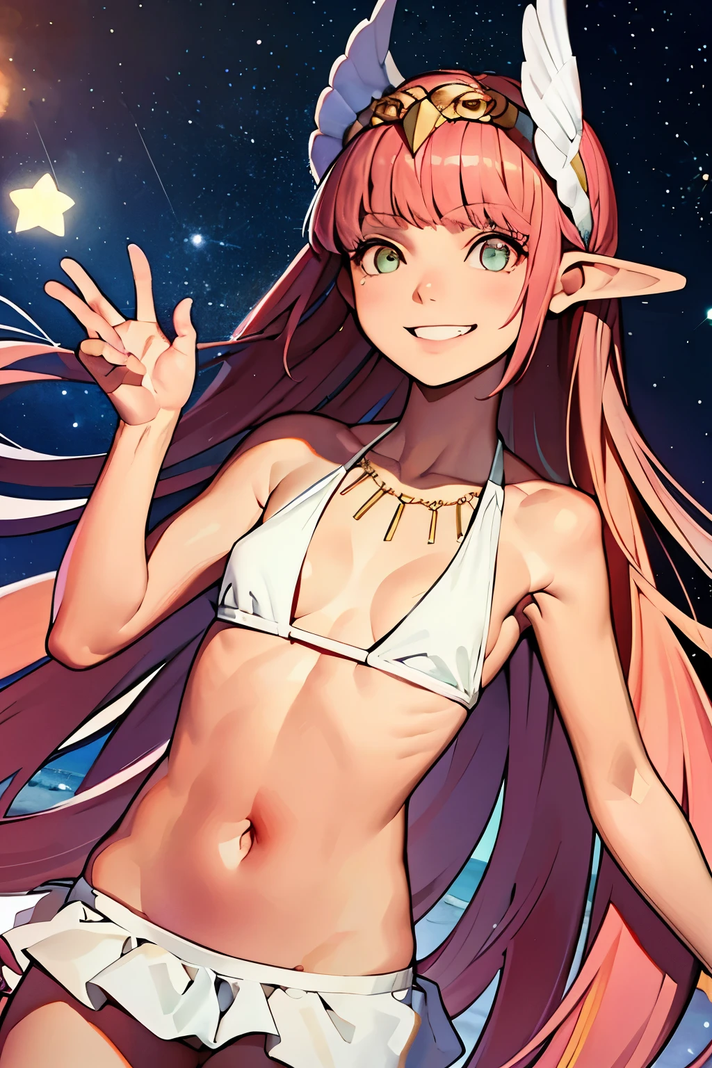 melhor qualidade, obra de arte, alto, sozinho,  girl, small breasts {noite:1.10}, {starry sky:1.10}, praia, Beautiful detailed sky, {fundo extremamente detalhado:1.20}, {Circe_fgo:1.15}, {Ficar:1.10} , olhando para o espectador, {bikini:1.30}, pontudo_ouvidos, Rosa_cabelo longo, head_asas, asas, franja, emplumado_asas, longo_cabelo, joia, sorriso, seios, colar, corar, pequeno_seios, multicolorido_olho, light sorriso
