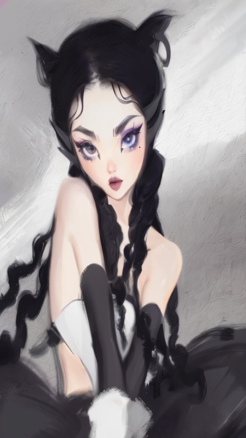 Drawing of a woman with long hair and black gloves, artwork in the style of Gouvice, Rossdraws 1. 0, digital anime illustration, rossdraws digital drawing, Rossdraws 2. 0, Wlop Ross Draws, Gouvice, Rossdraws 2. 5, Drawing in Anime Painter Studio, Inspired by wlop, Anime style digital art