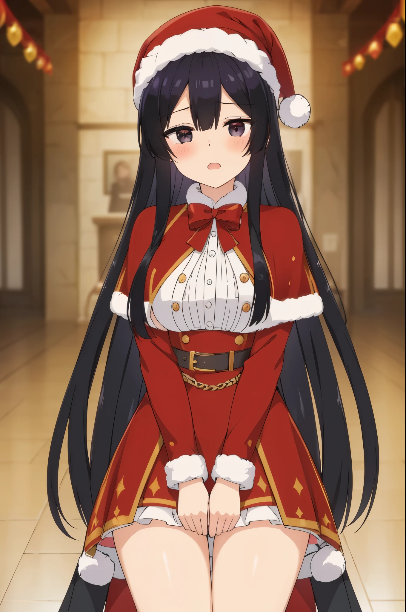black hair,black eyes, long hair, blush, red capelet, christmas, santa dress, capelet, dress, fur-trimmed capelet, santa costume, santa hat, red dress, red headwear, bangs, breasts, fur-trimmed dress, hat, fur trim, upper body, masterpiece, best quality,((blush,orgasm,pleasure,embarassed))
