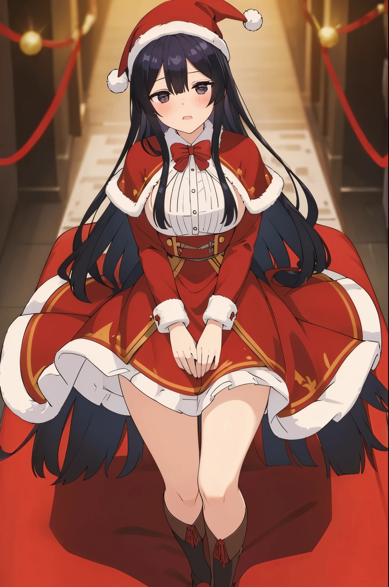 black hair,black eyes, long hair, blush, red capelet, christmas, santa dress, capelet, dress, fur-trimmed capelet, santa costume, santa hat, red dress, red headwear, bangs, breasts, fur-trimmed dress, hat, fur trim, upper body, masterpiece, best quality,((blush,orgasm,pleasure,embarassed))
