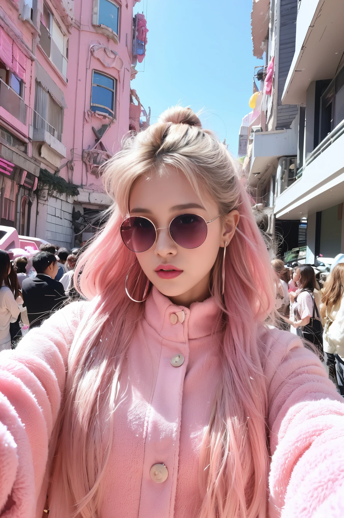 (extra detailed body、highly detailed face、best quality:1.2)、woman、looking at the viewer、(Colorful flashy clothes in pink tones, Lots of buttons and fur、Large earrings that are long enough to reach the shoulders、Round Futuristic Sunglasses)、(Pink distorted round architectural chaos on background:1.4)、Mid-journey world view