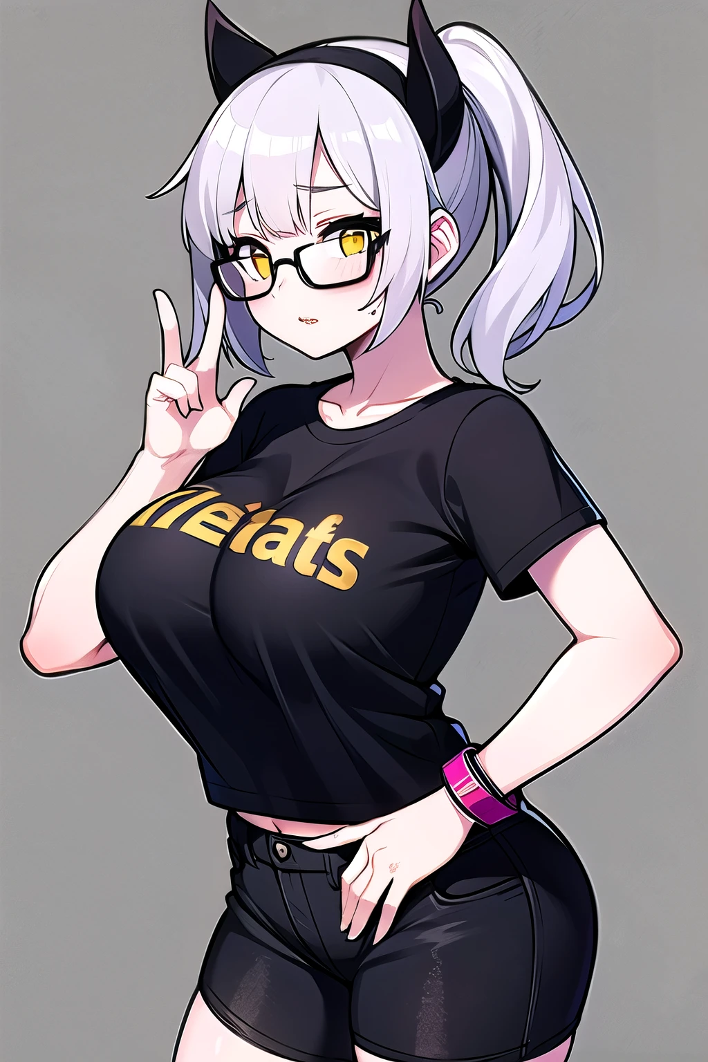 white ponytail girl Wear a black t-shirt and white shorts. Wear round black glasses Make your face emotional, yellow eyes, big breasts, wear red and yellow bracelets.