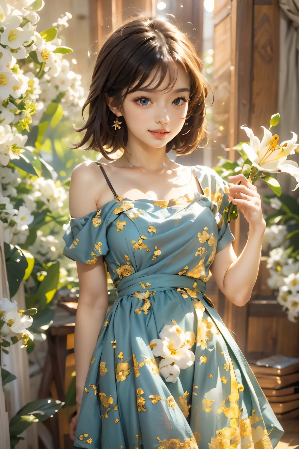1 girl, Blue eyes. Full-length, holding a lily in her hand, short blue bell dress with yellow stripes, straps, and open shoulders. Blue eyes glow with happiness. Head tilted, short brown hair, graceful head, with a clear smile on her face, Chic interior - sunshine. Chara, a golden studio background, stands among white flowers. Brown hair, blunt bangs, hair between the eyes, parted bangs, long eyelashes, earrings, slight smile, Realism, Surrealism, Art Deco, chiaroscuro, backlighting, masterpiece, anatomically correct, super detail, excellent detail, award-winning, best quality, 1080P, HD