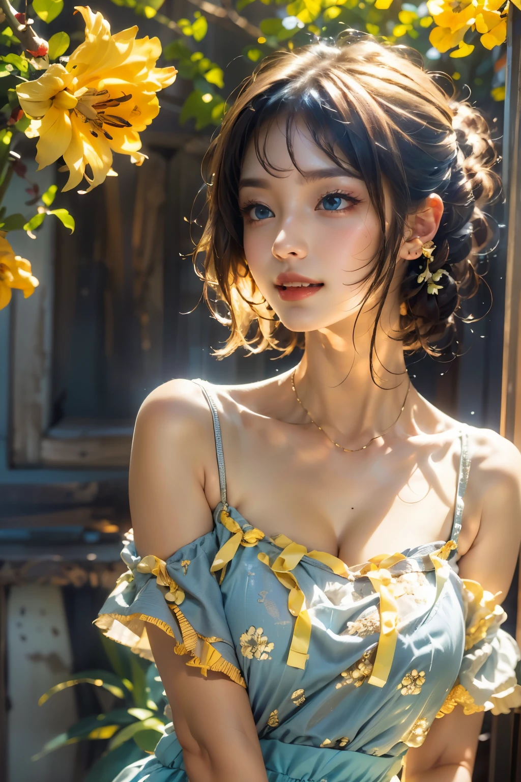 1 girl, Blue eyes. Full-length, holding a lily in her hand, short blue bell dress with yellow stripes, straps, and open shoulders. Blue eyes glow with happiness. Head tilted, short brown hair, graceful head, with a clear smile on her face, Chic interior - sunshine. Chara, a golden studio background, stands among white flowers. Brown hair, blunt bangs, hair between the eyes, parted bangs, long eyelashes, earrings, slight smile, Realism, Surrealism, Art Deco, chiaroscuro, backlighting, masterpiece, anatomically correct, super detail, excellent detail, award-winning, best quality, 1080P, HD
