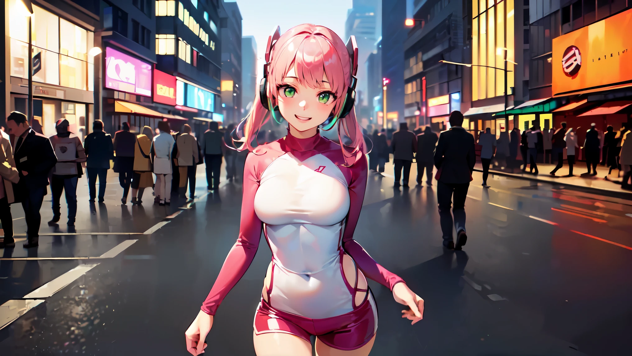 masterpiece, 1girl ((20year old, dressed in a tight 1 piece shorts romper, sneakers, medium breasts:1.2, multicolor pink hair, twin ponytails, perfect model body:1.3, green eyes:1.5, flirting, happy, big smile, wearing headphones, looking at viewer, walking down a busy city street during evening time:1.2, cowboy shot:1.3, tall buildings in the background:1.3, fun and exciting atmosphere:1.2)) ((solo:1.7)) ((evening time))
