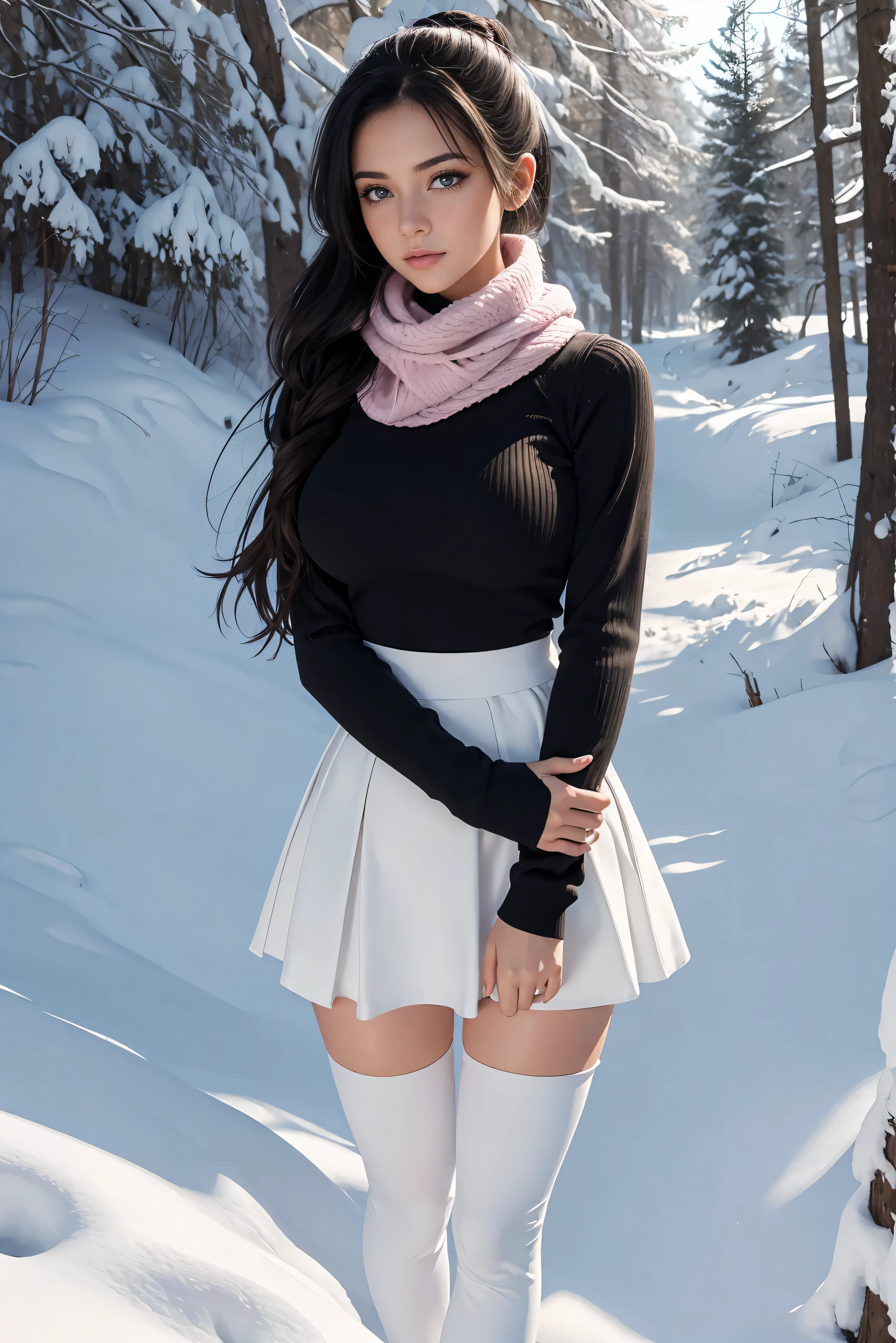 (Best Quality,High resolution:1.2), Ultra-detailed, Realistic portrait, hot Cypriot girl,, pretty face, perfect long legs, full body, tiny waist. , standing,  jumper, black high waist leggings, pink and white boots, in the snow, large blue eyes, long black hair tied up with a ribbon, tight high waist skirt, woolen socks, scarf around neck