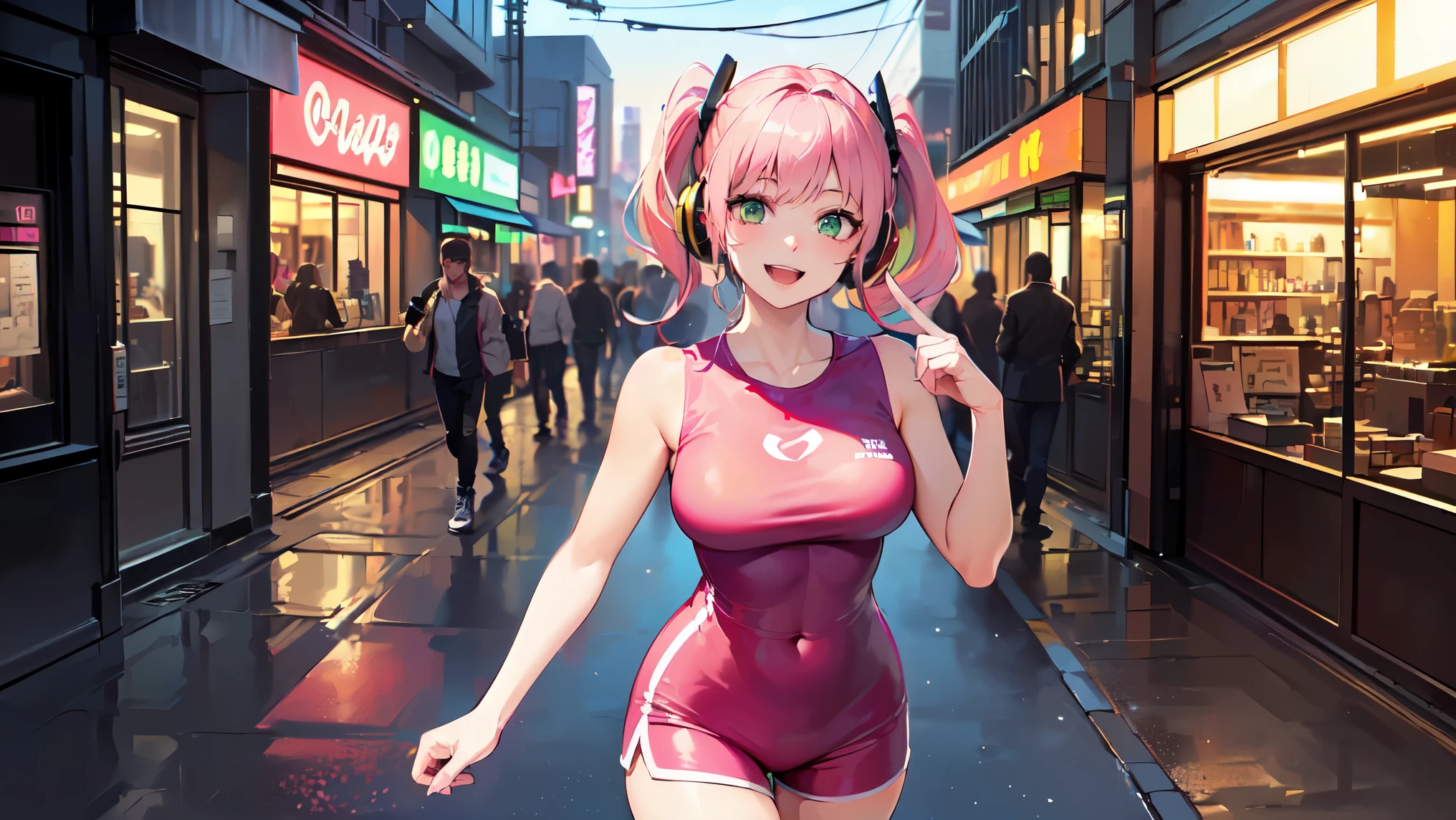 masterpiece, 1girl ((20year old, dressed in a tight 1 piece shorts romper, sneakers, medium breasts:1.2, multicolor pink hair, twin ponytails, perfect model body:1.3, green eyes:1.5, flirting, happy, big smile, wearing headphones, looking at viewer, walking down a busy city street during evening time:1.2, cowboy shot:1.3, tall buildings in the background:1.3, fun and exciting atmosphere:1.2)) ((solo:1.7)) ((evening time))