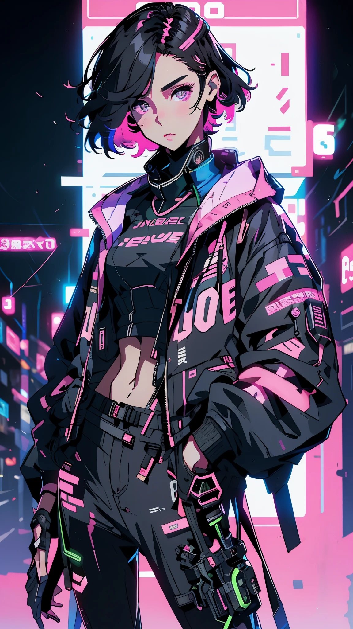 1girl programmer girl, black hair, pink ombre, cute face, short hair, high definition, master peace, sexy, jacket, black eyes, night, neon, white skin