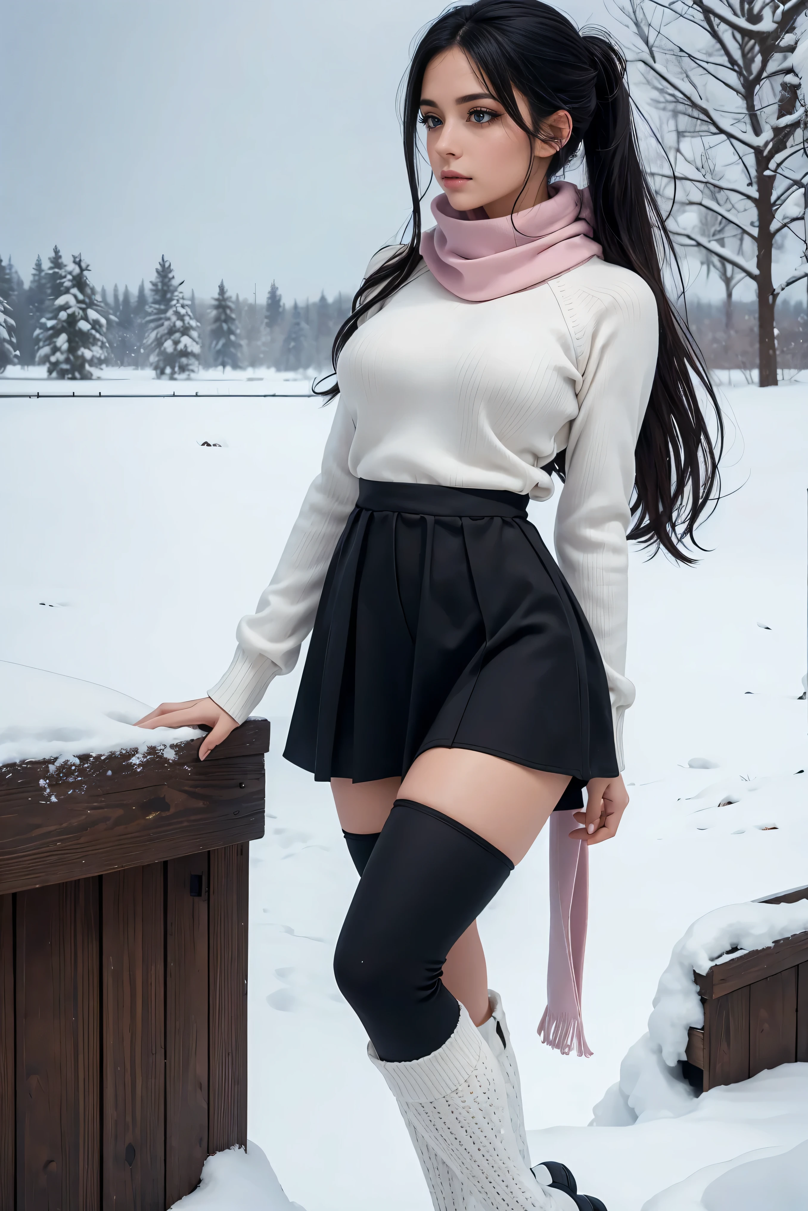 (RAW photo) Winters，snow landscape，a girl wearing an red shoulder-length sweater and (flared skirt), and (over-the-knee stockings)，(medium breasts), long hair, lacepantyhose, white underwear, Random color，long sweater，depth of fields，Real light，Ray traching，OC renderer，UE5 renderer，Hyper-realistic，best qualtiy，8K，Works of masters，super-fine，Detailed pubic hair，Correct anatomy.