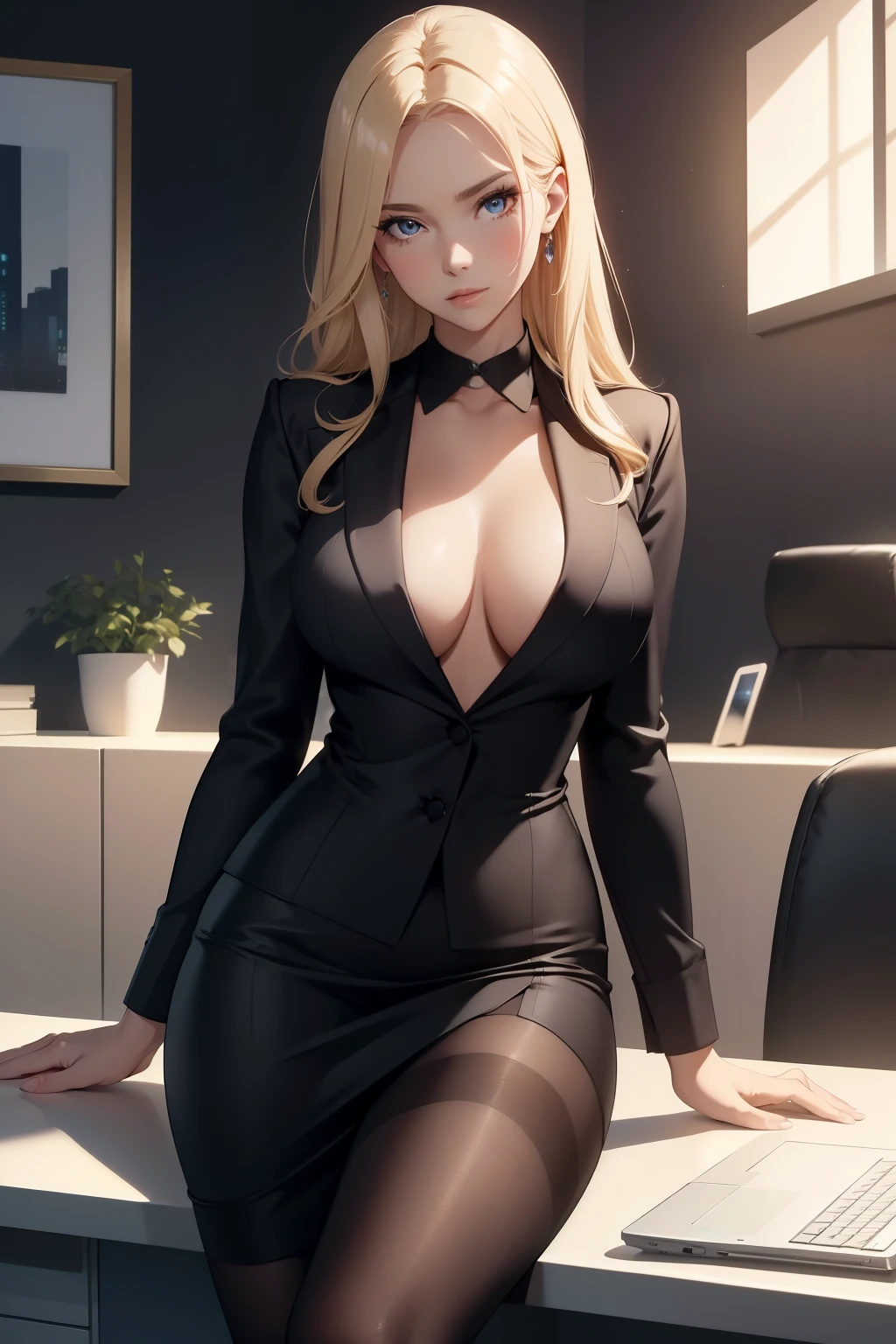A stunningly lifelike portrait of a beautiful blonde woman, gazing directly into the camera, immaculately dressed in a sleek black business suit, perfectly accessorized with a laptop on her office table. Her face, an epitome of beauty with its flawless features, radiates elegance and confidence. Her body, toned and curvaceous, exudes an aura of poise and professionalism. The composition is meticulously crafted, with each element harmoniously balancing the other to create a captivating working scenario. Bathed in the soft and gentle light of day, this 4K UltraHD masterpiece, with its crisp and vivid details, is guaranteed to leave