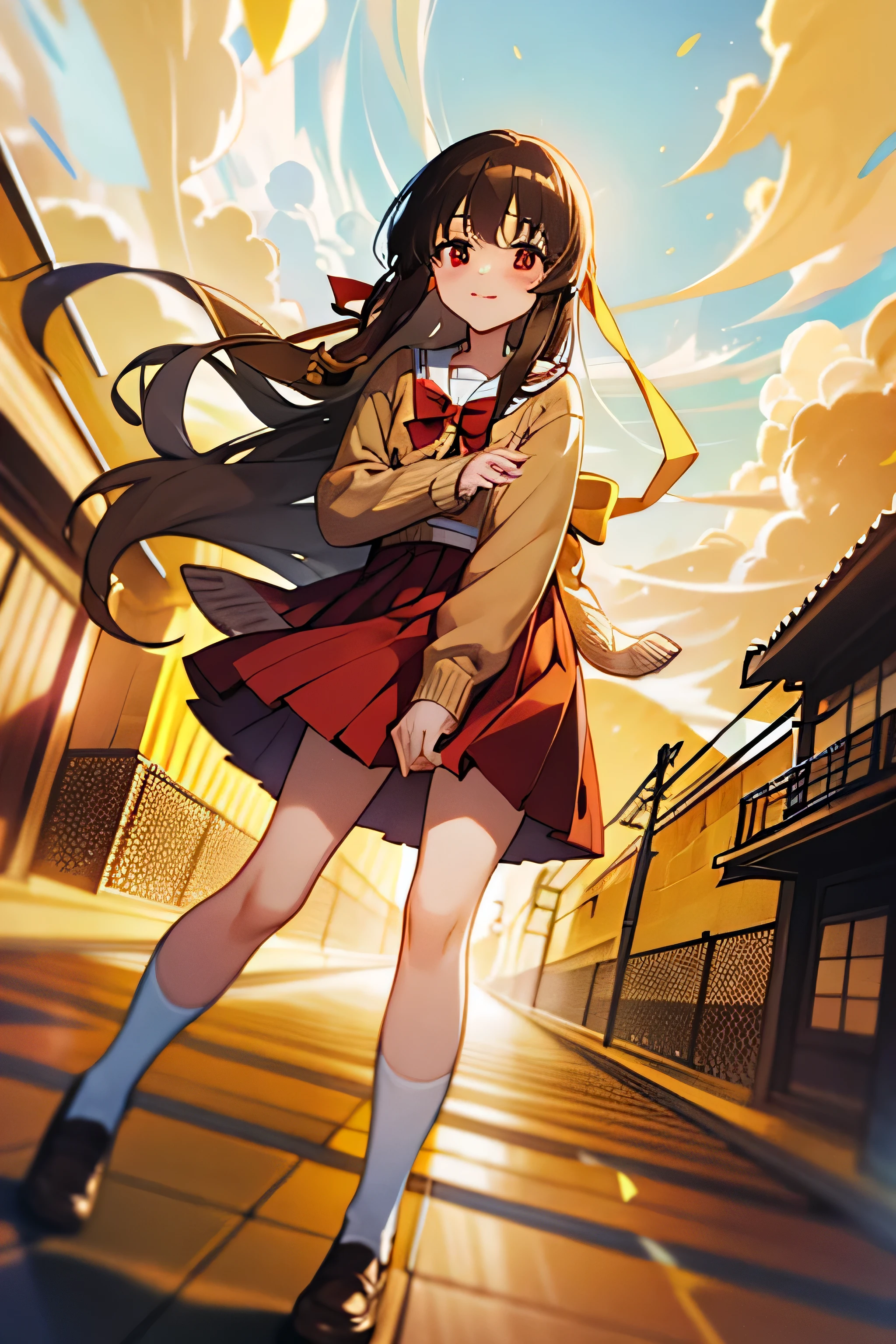 1girl, best quality, nagamori mizuka, ONE kagayaku kisetsu he, red eyes, long hair, light brown hair, yellow tape tying hair behind, school uniform, red skirt, knee length skirt, white socks, brown shoes, white shirt with a red bow, sand colored cardigan sweater, smiling, full body, outdoors, spring, city