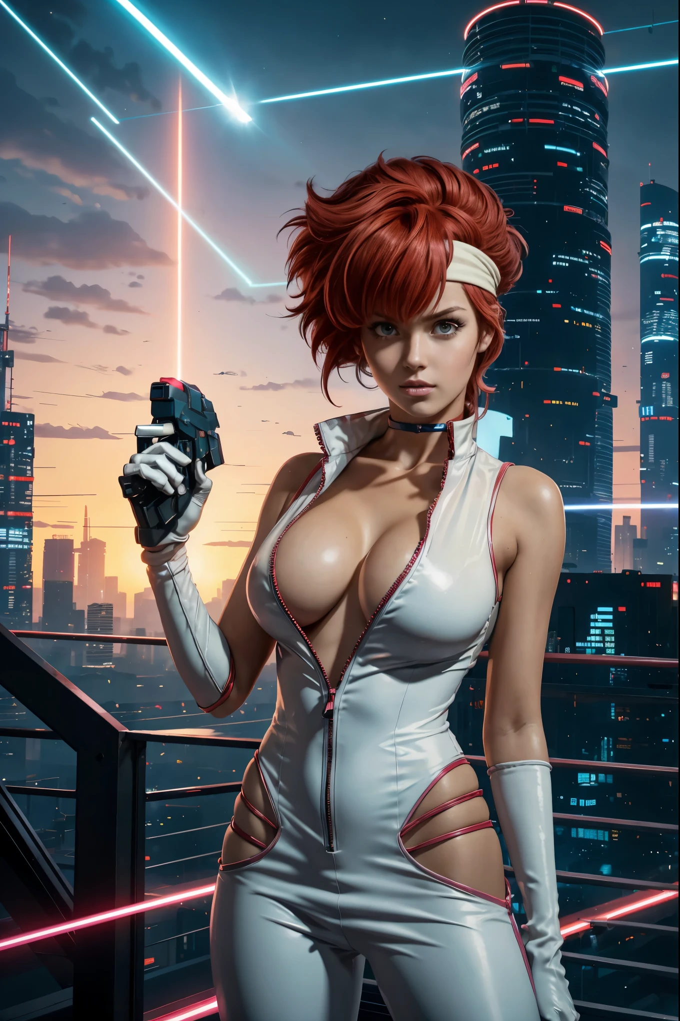 best quality,ultra-detailed,portrait of Kei from The Dirty Pair,realistic,animesque, vibrant colors,bold and dynamic pose,powerful expression,beautiful detailed eyes,intense,sharp focus,medium:anime style,short red hair,wearing her signature white jumpsuit and pink gloves,holding a laser gun in her hand,standing in front of a futuristic cityscape as the sun sets,featuring neon lights and towering skyscrapers,creating a cyberpunk atmosphere,with a touch of mystery and adventure, green headband, cleavage